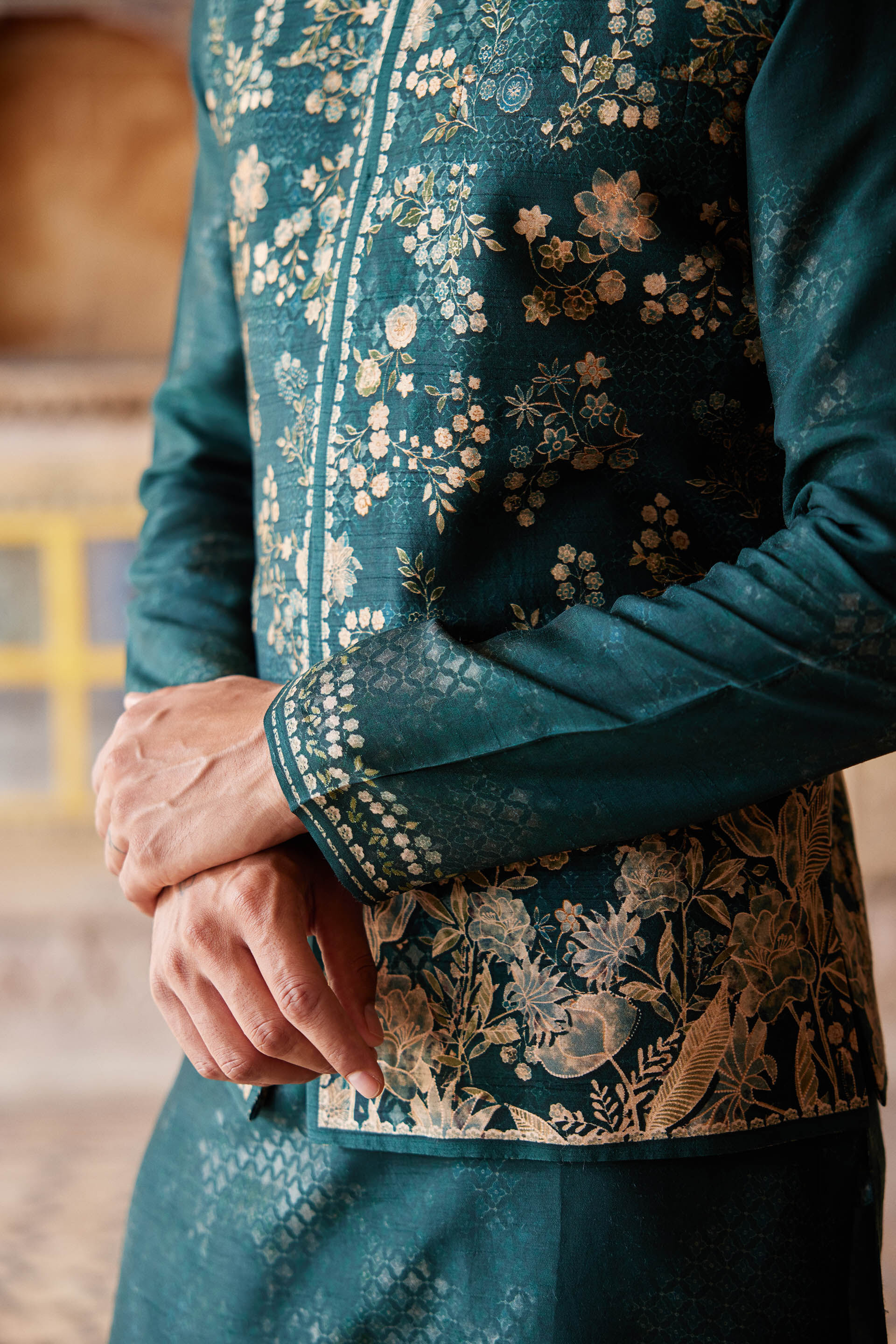 Hirav Printed Nehru Jacket - Green, Green, image 3