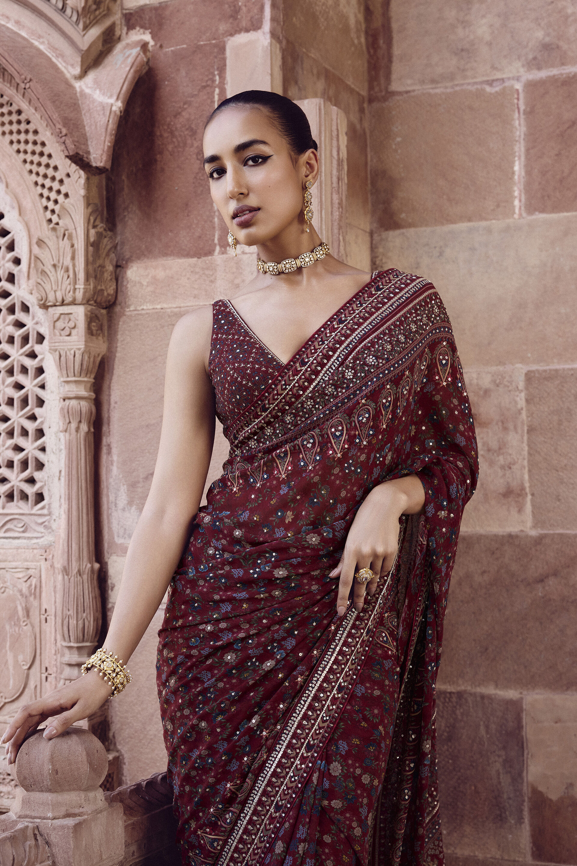 Amalaka Sequin Georgette Saree - Deep Red, Red, image 4