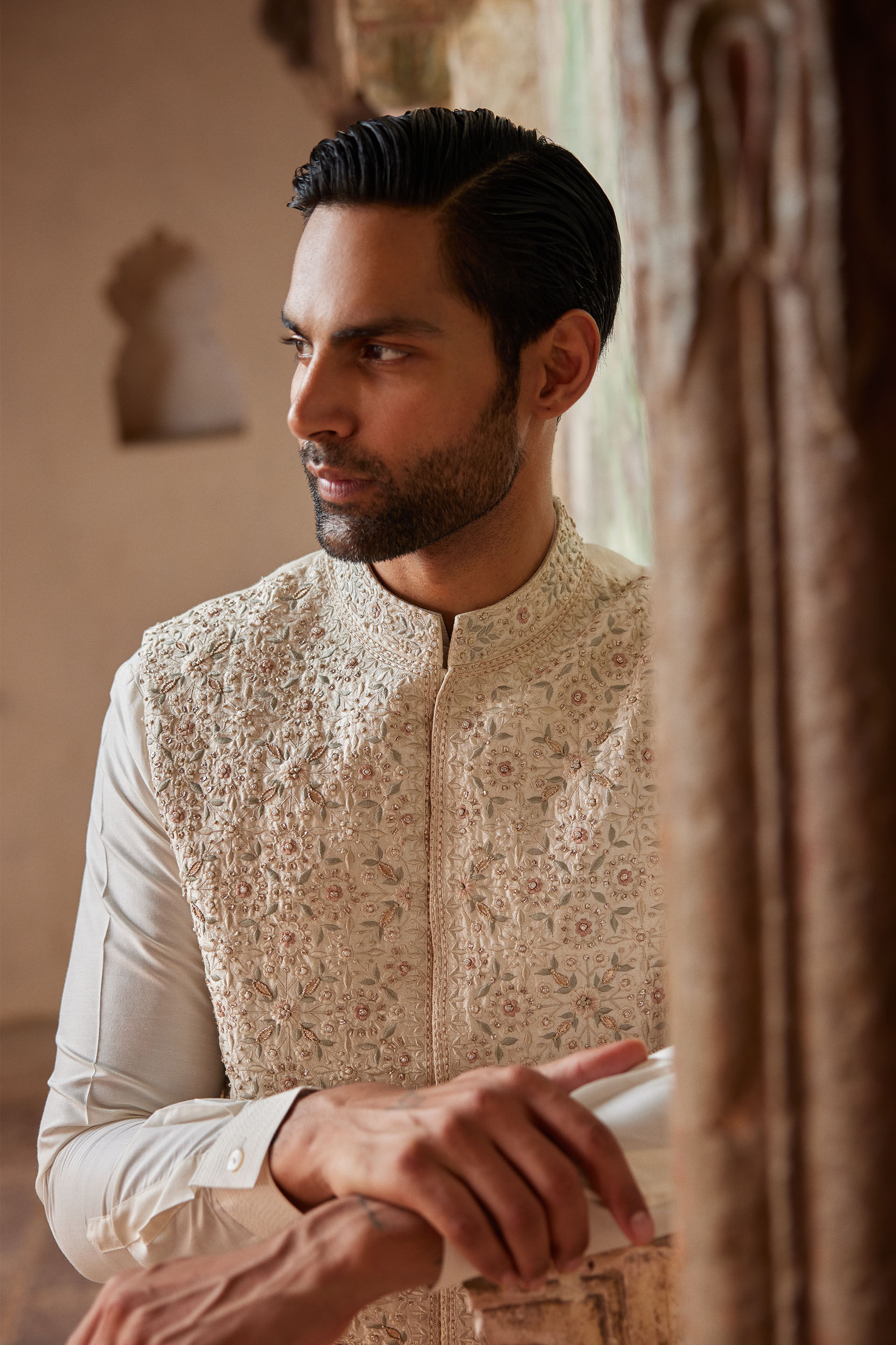 Suwayd Embroidered Silk Nehru Jacket - Ivory, Ivory, image 5