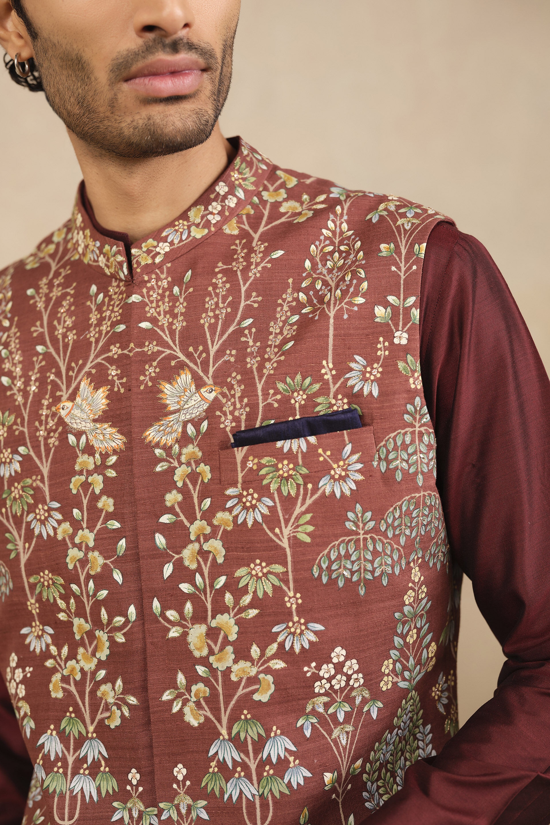 Aziz Hand-painted Pichhwai Silk Nehru Jacket - Brown, Brown, image 4