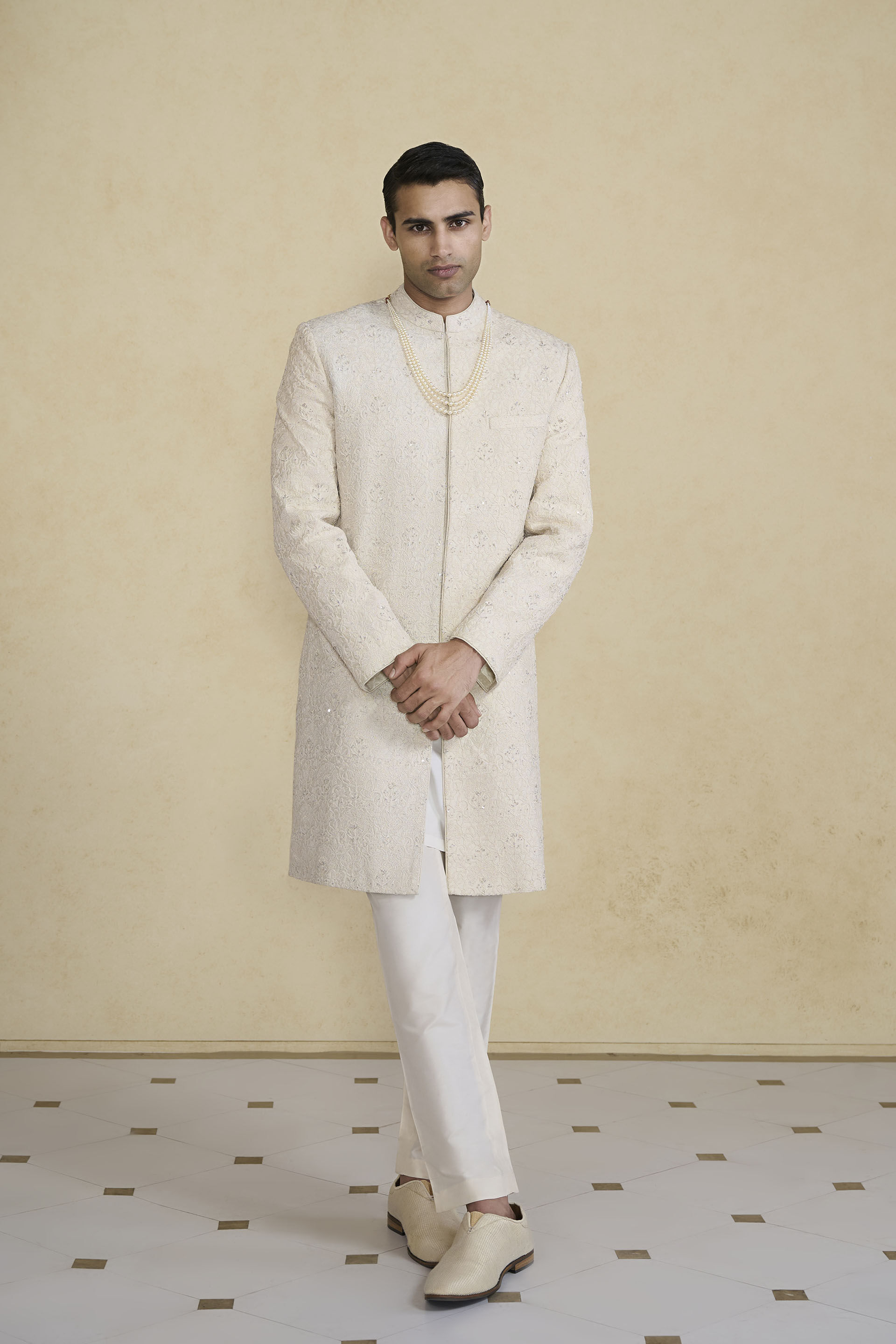 Lokit Hand-embroidered Silk Sherwani - Ivory