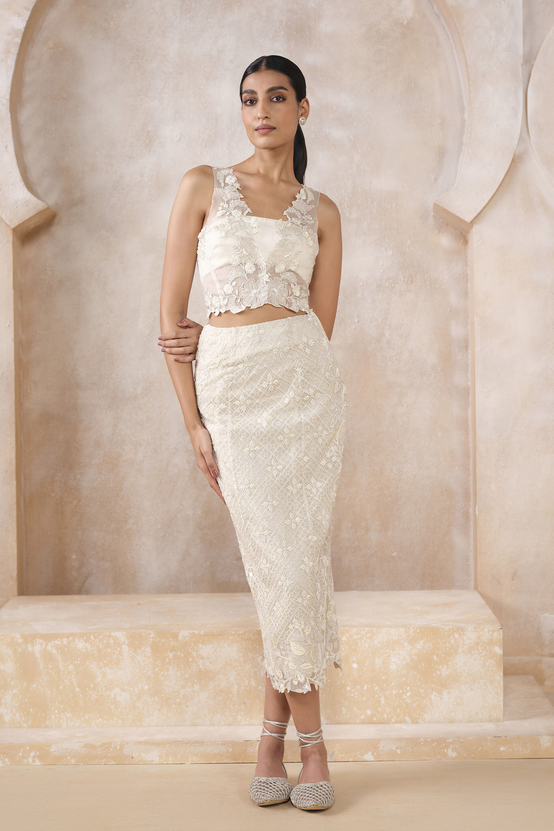 Zimal Embroidered Silk Skirt Set - Ivory