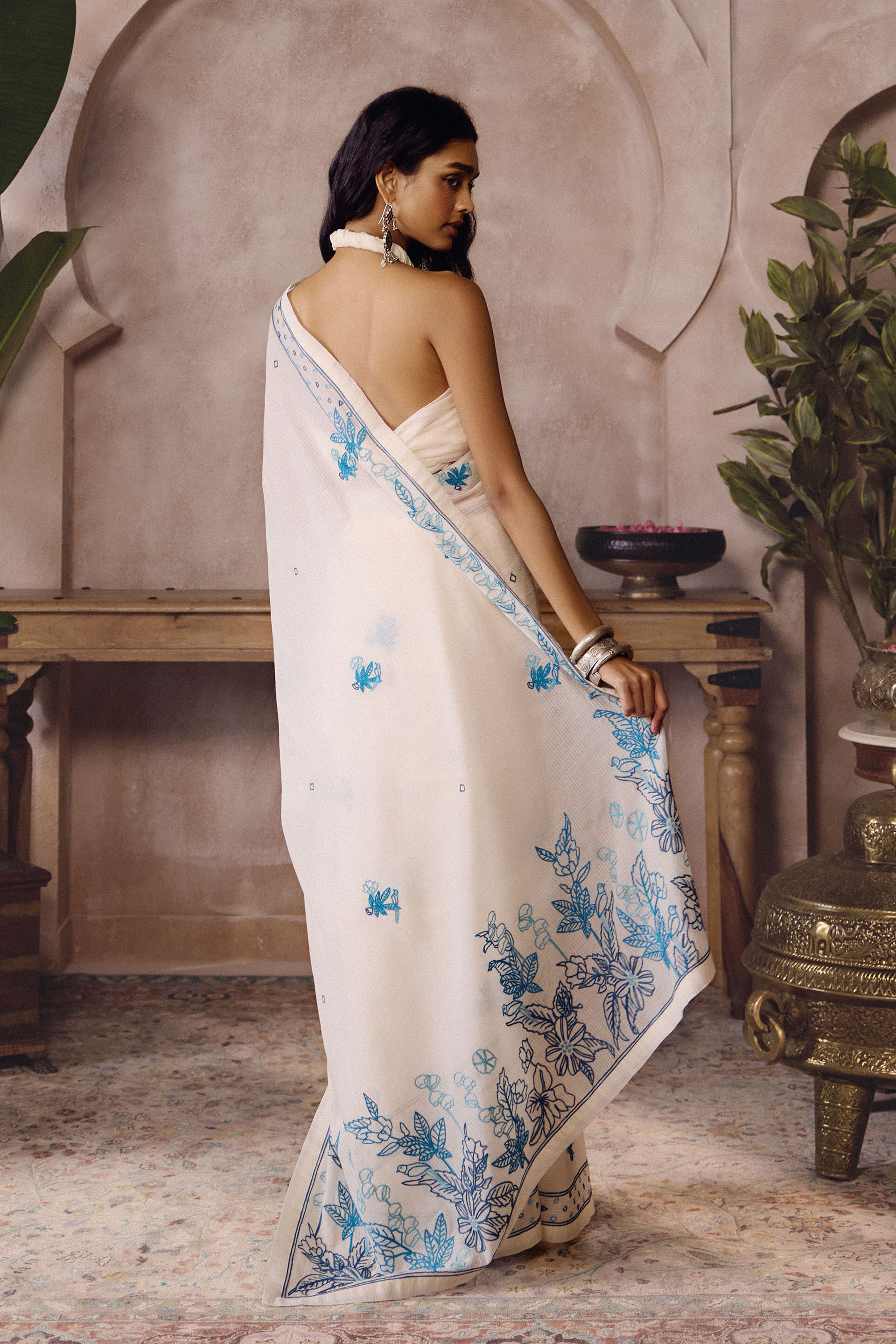 Claravis Hand-embroidered SEWA Saree - Ivory