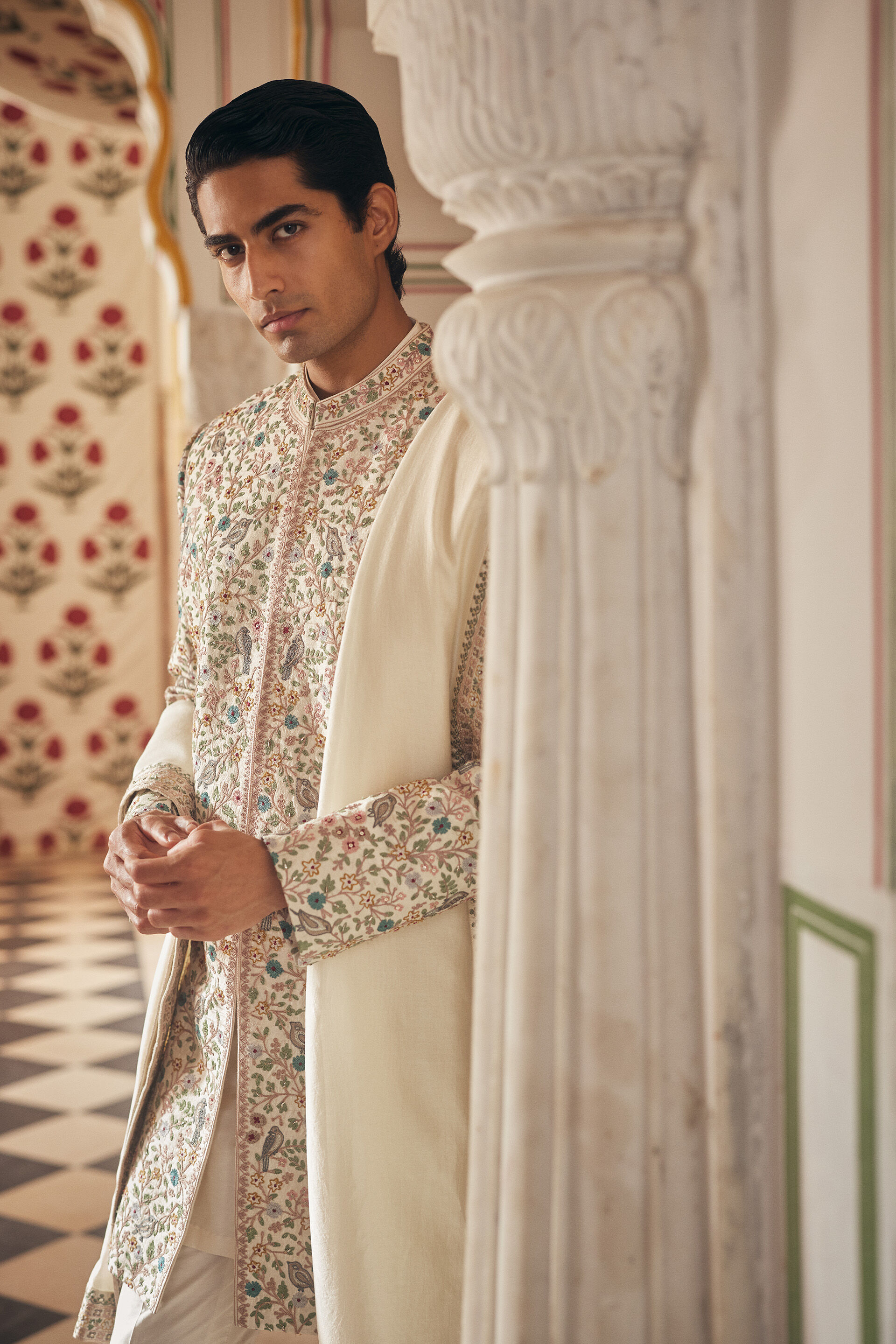 Avir Aari Embroidered Silk Sherwani - Cream, Cream, image 3