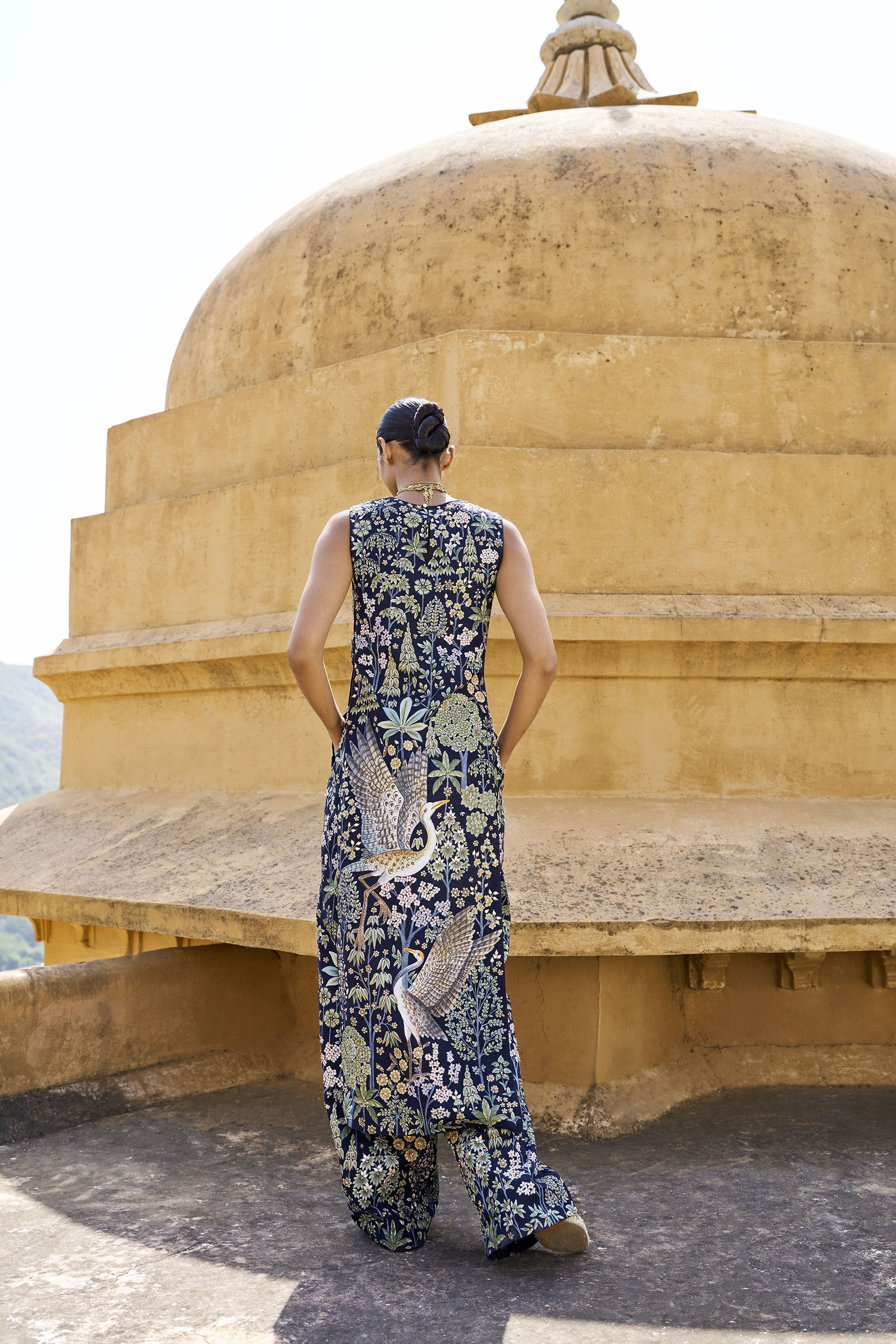 Flamingos In Flight Hand-painted Pichhwai Silk Set - Blue