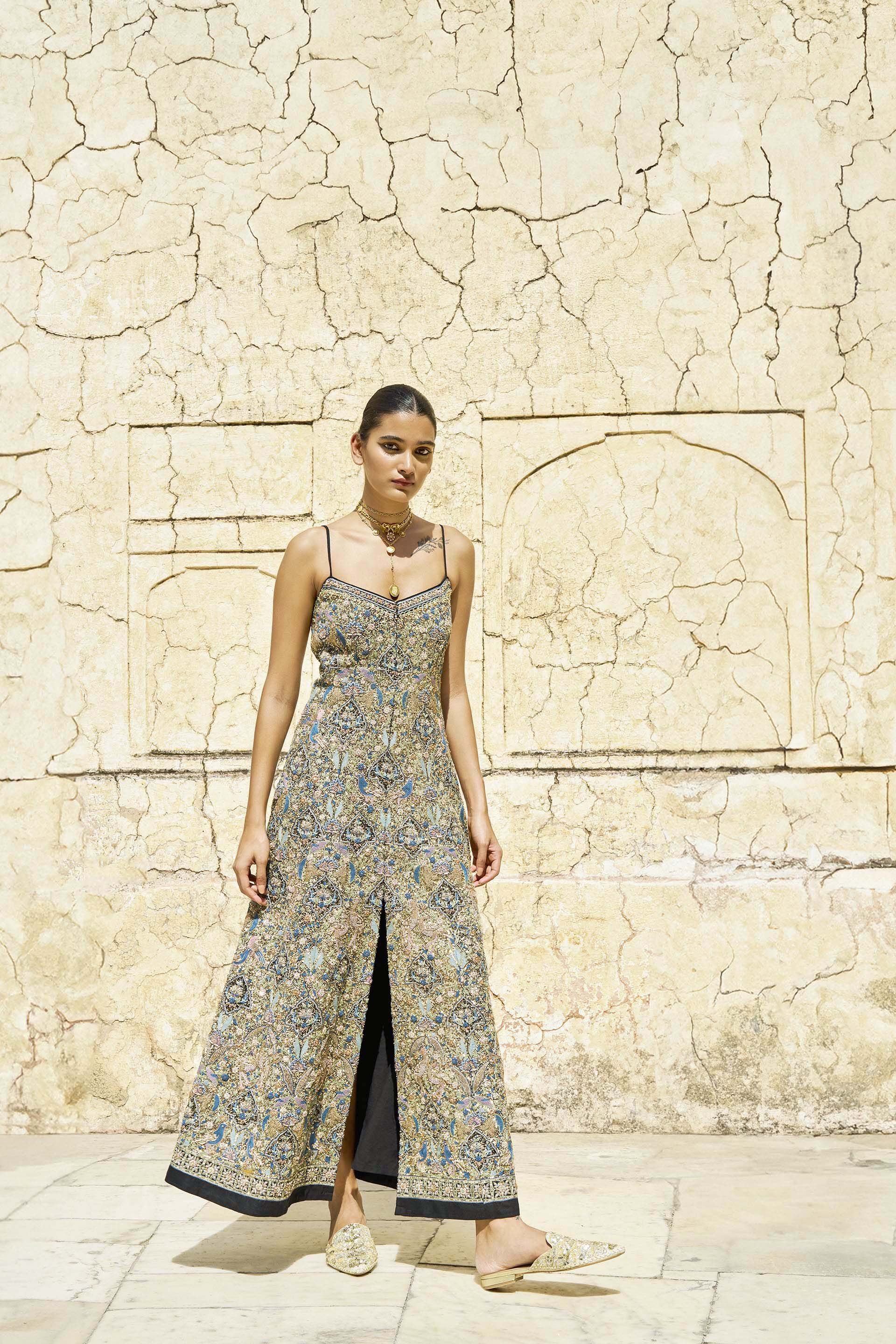 Firefly Fleet Embroidered Zardozi Silk Dress - Black