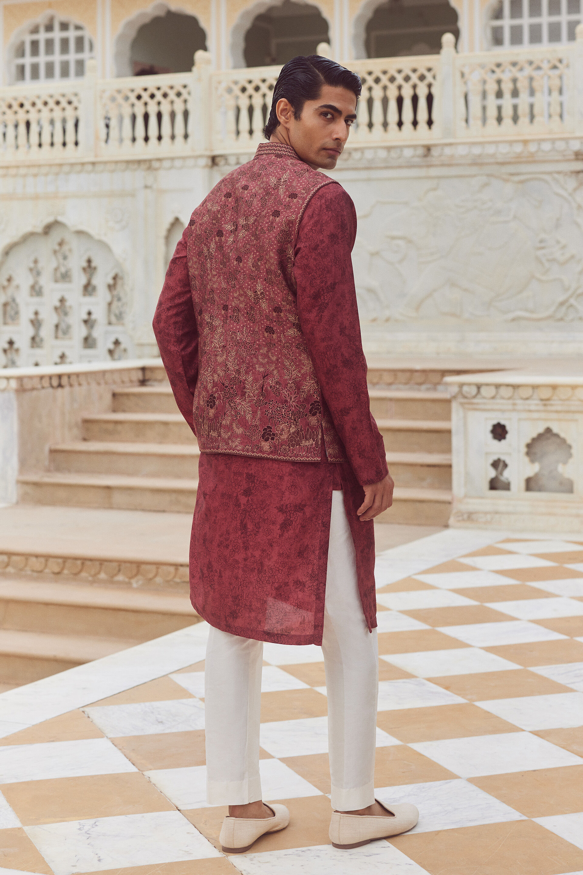 Jalaj Silk Nehru Jacket - Wine