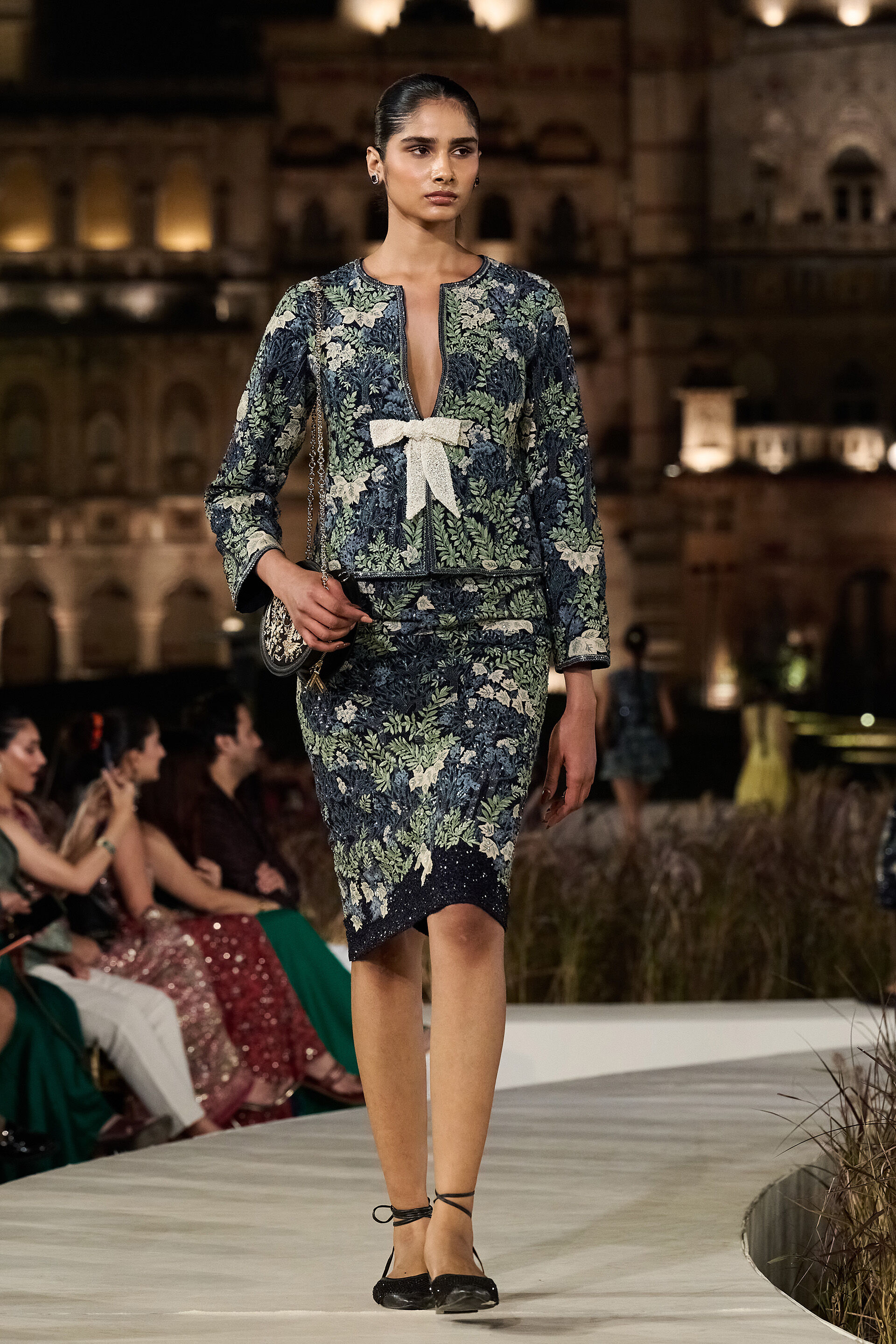 Auralis Embroidered Silk Skirt Set - Blue