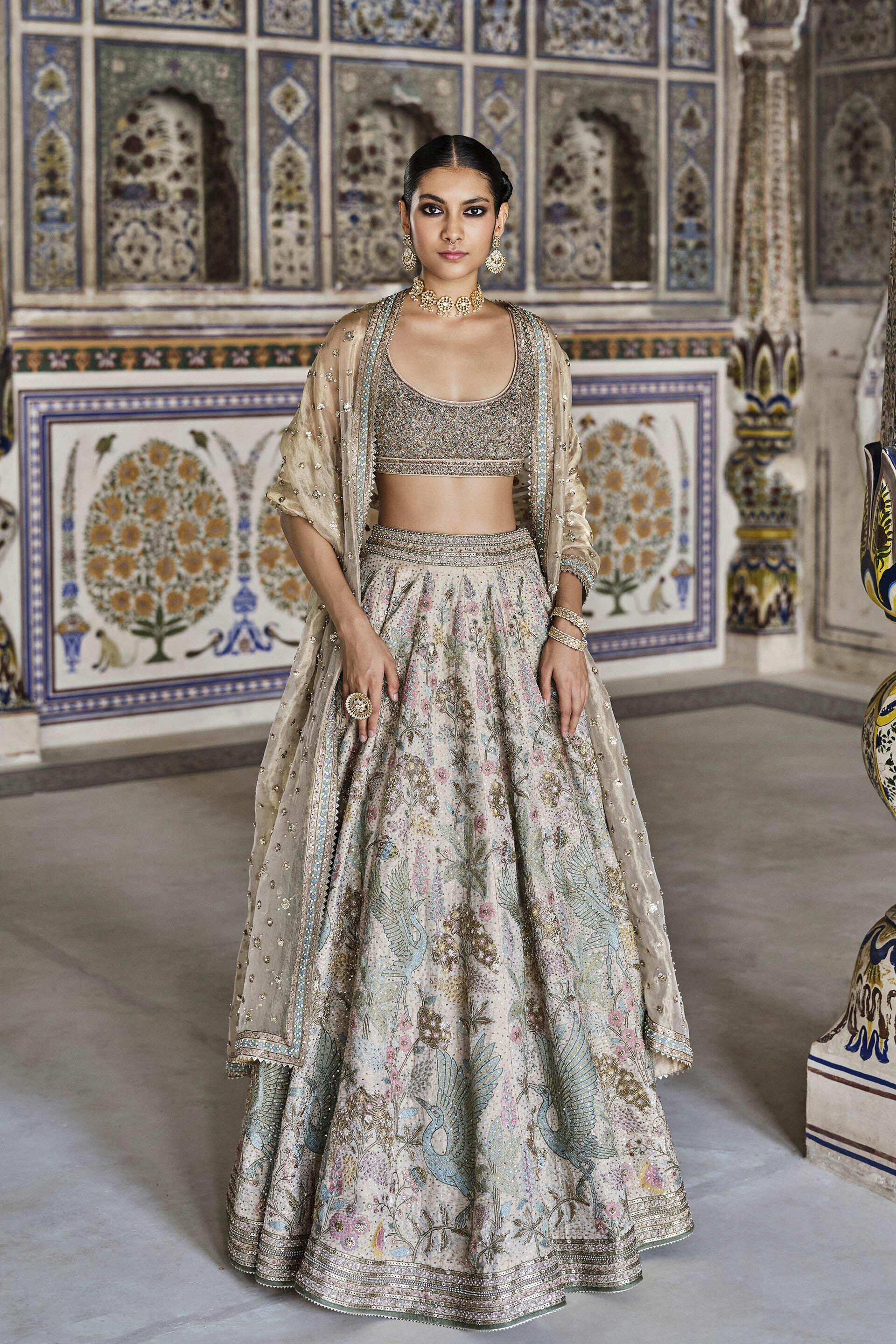 Suramya Embroidered Zardozi Silk Lehenga Set - Gold