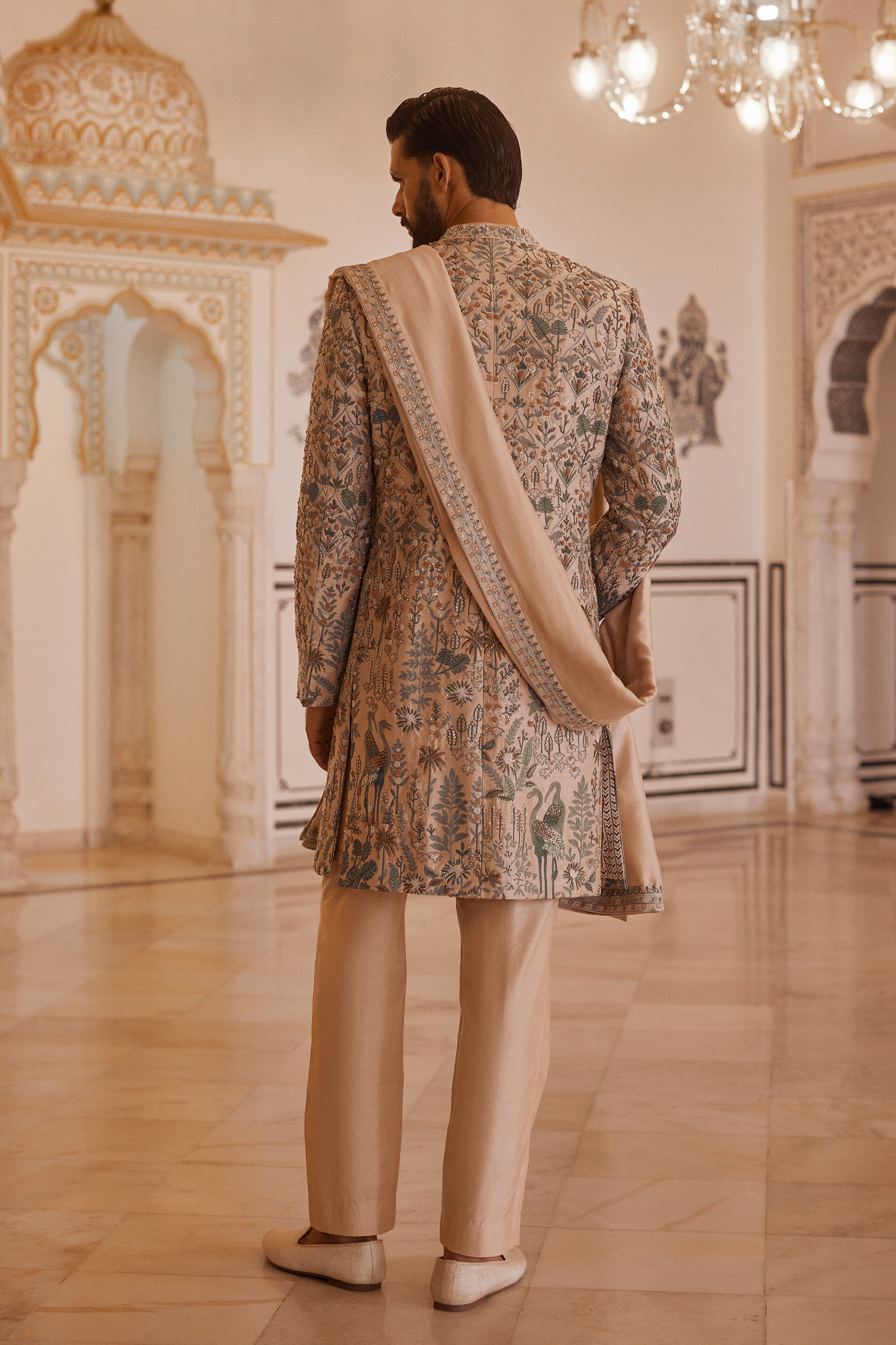 Almir Aari Embroidered Silk Sherwani - Champagne