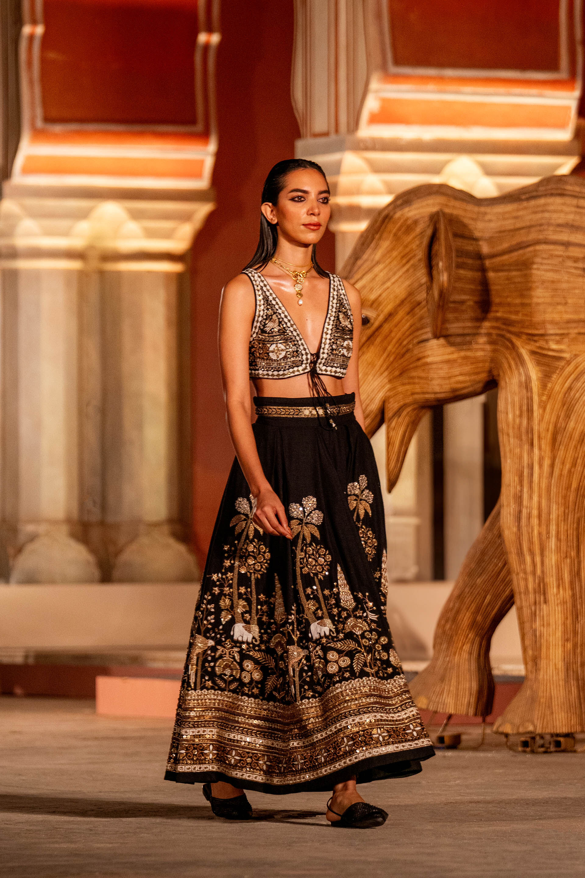 Pride Of The Forest Embroidered Zardozi Silk Skirt Set - Black, Black, image 3