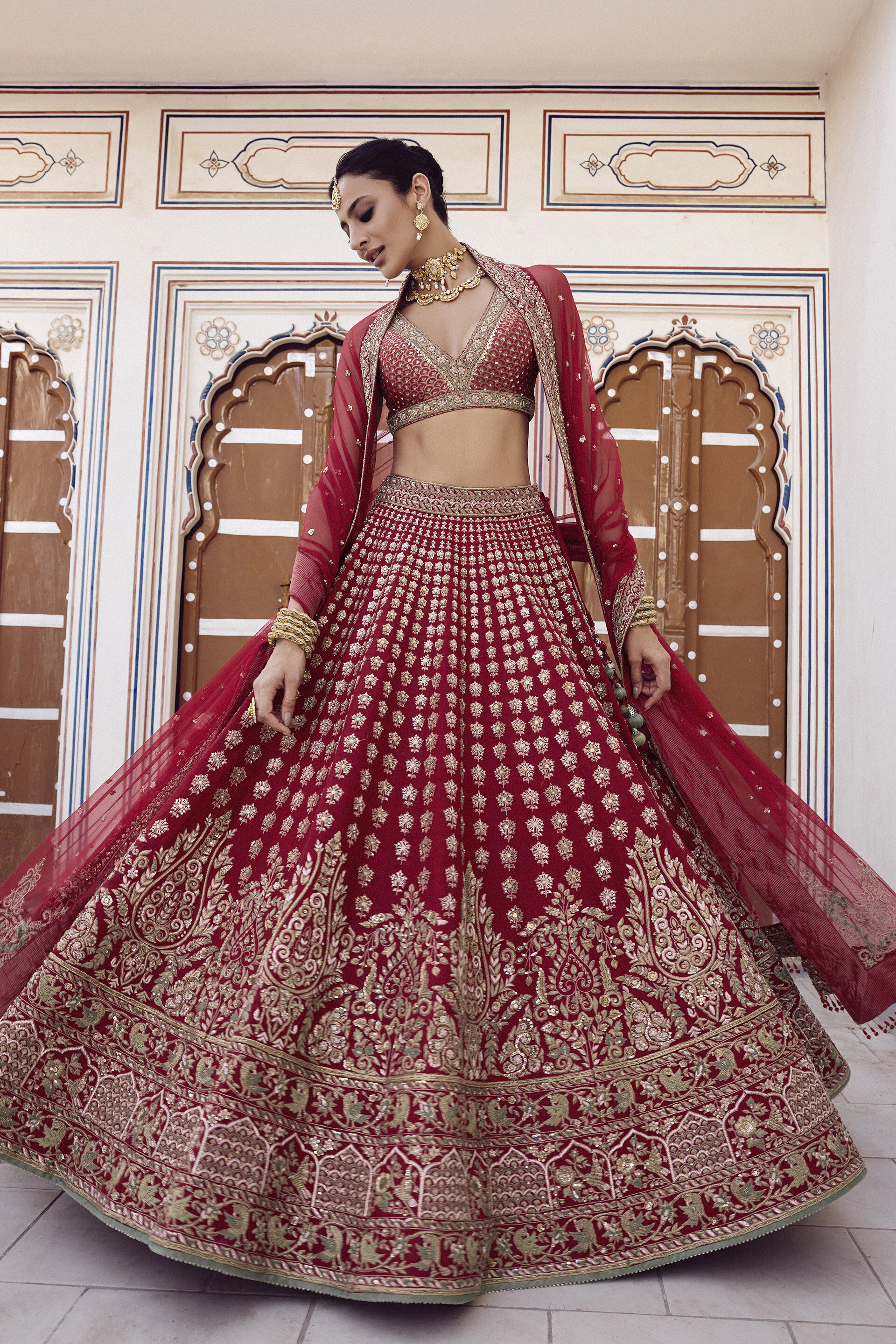 Zamira Embroidered Silk Lehenga Set - Red, Red, image 4