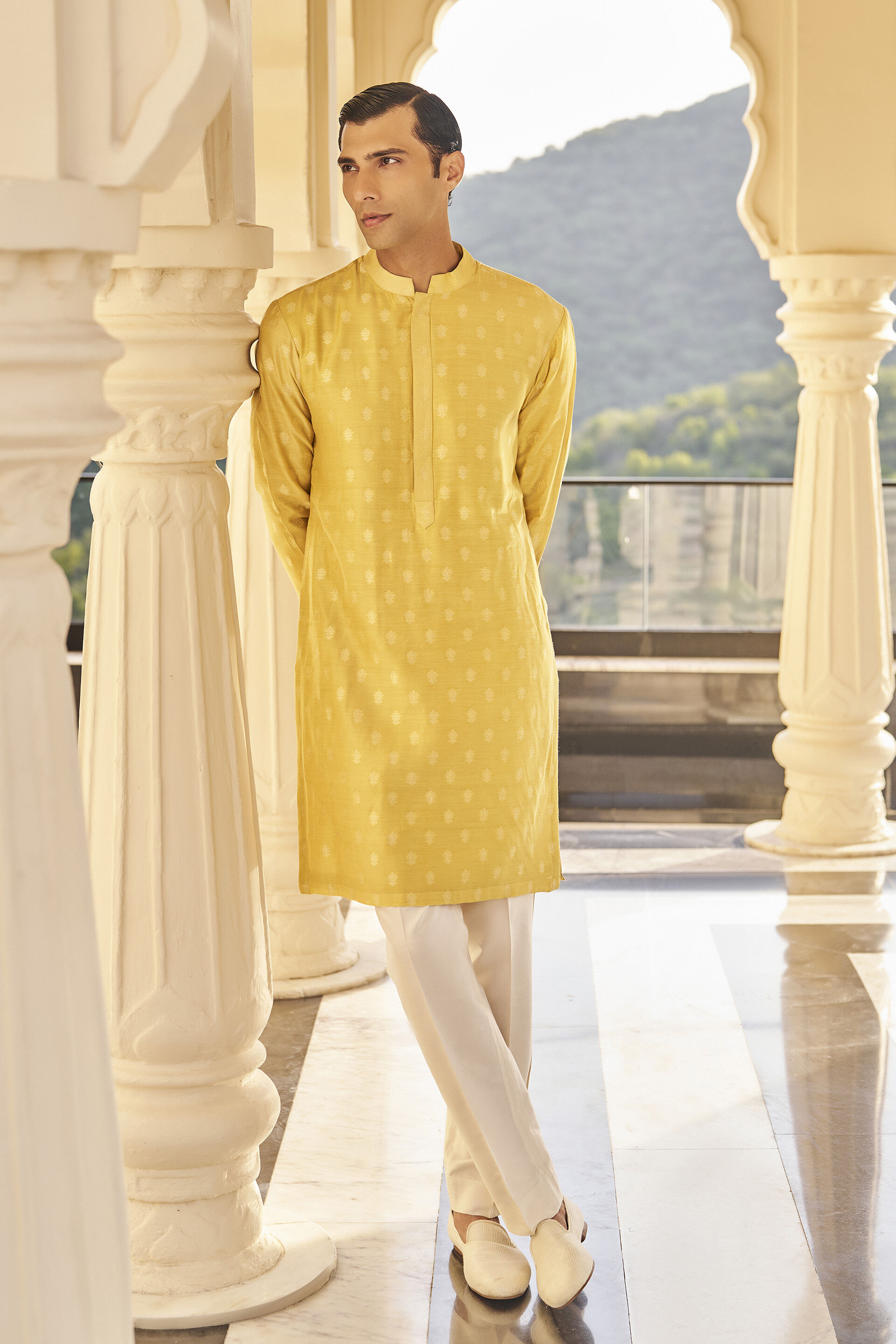 Dildar Kurta in Yellow Benarasi, Yellow, image 1