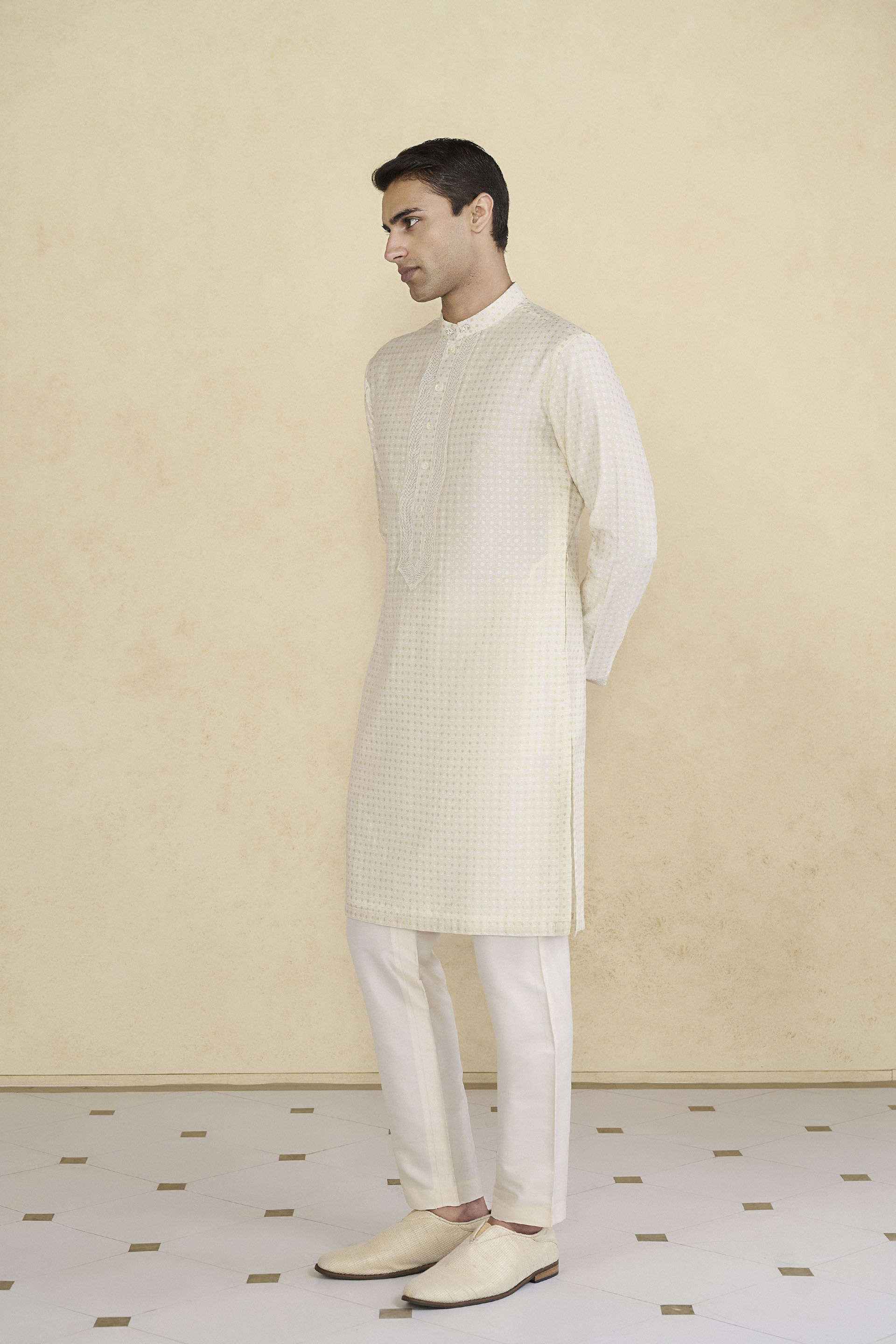 Hemansh Embroidered Silk Kurta - Cream, Cream, image 3