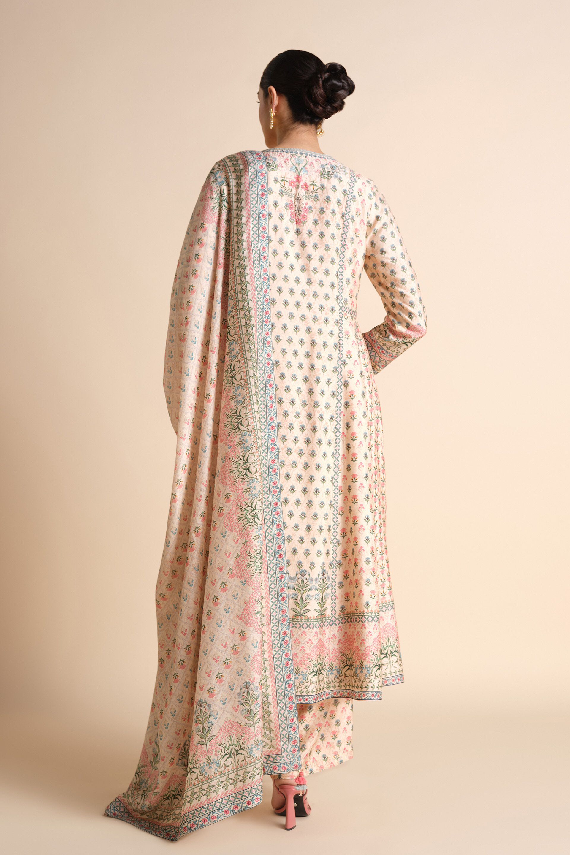 Indivarini Printed Silk Anarkali - Ivory