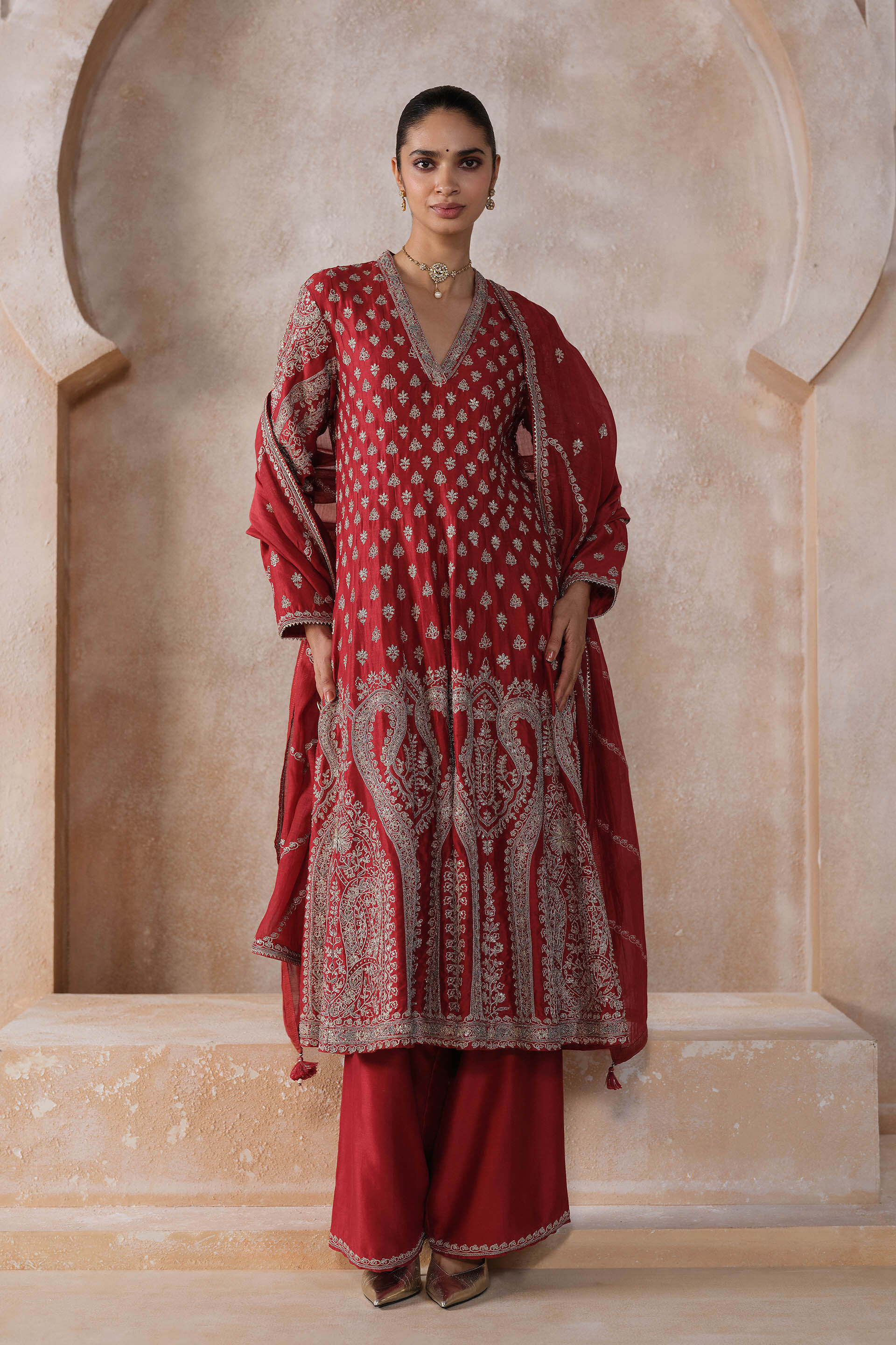 Rishima Embroidered Silk Suit Set - Red