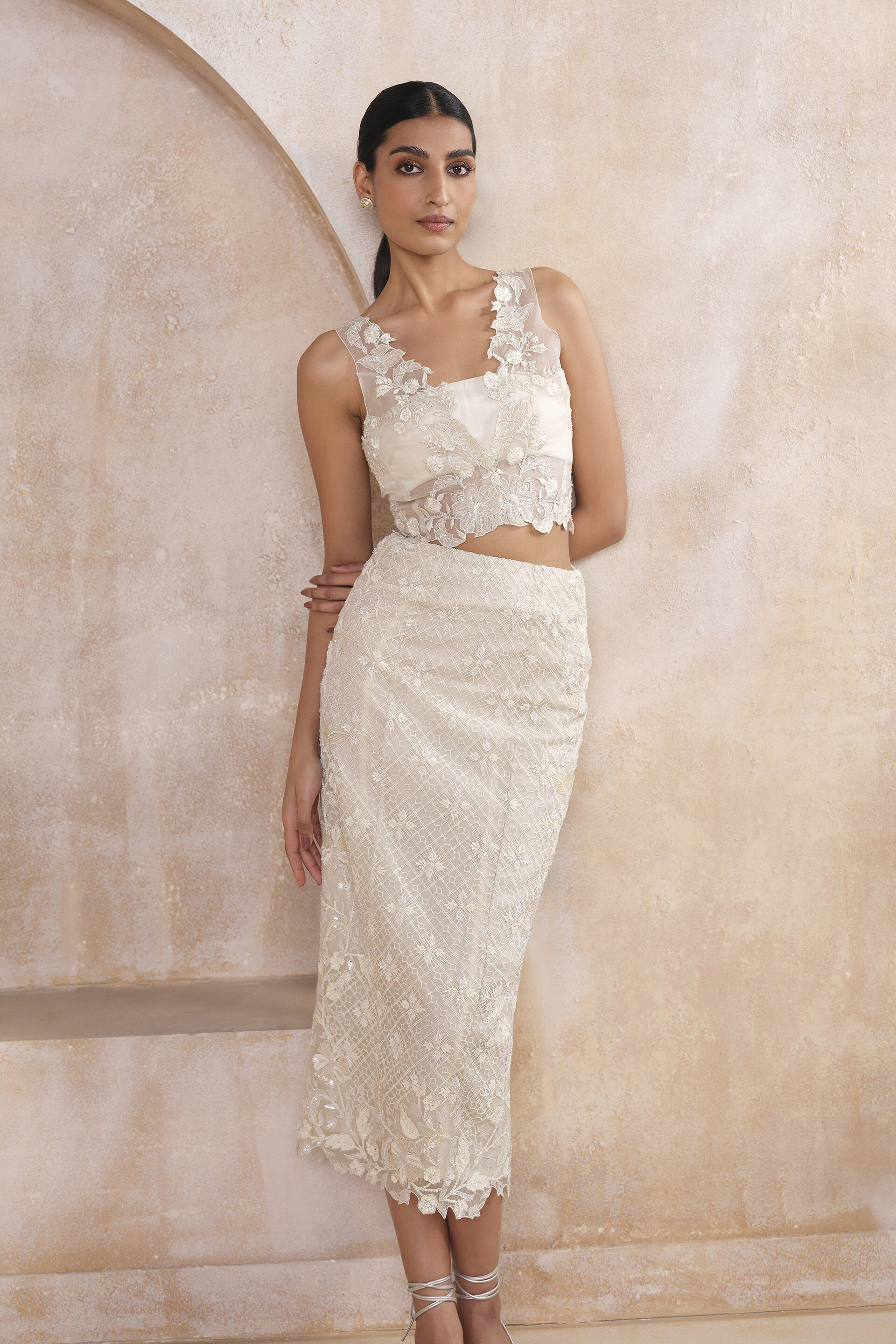 Zimal Embroidered Silk Skirt Set - Ivory, Ivory, image 4