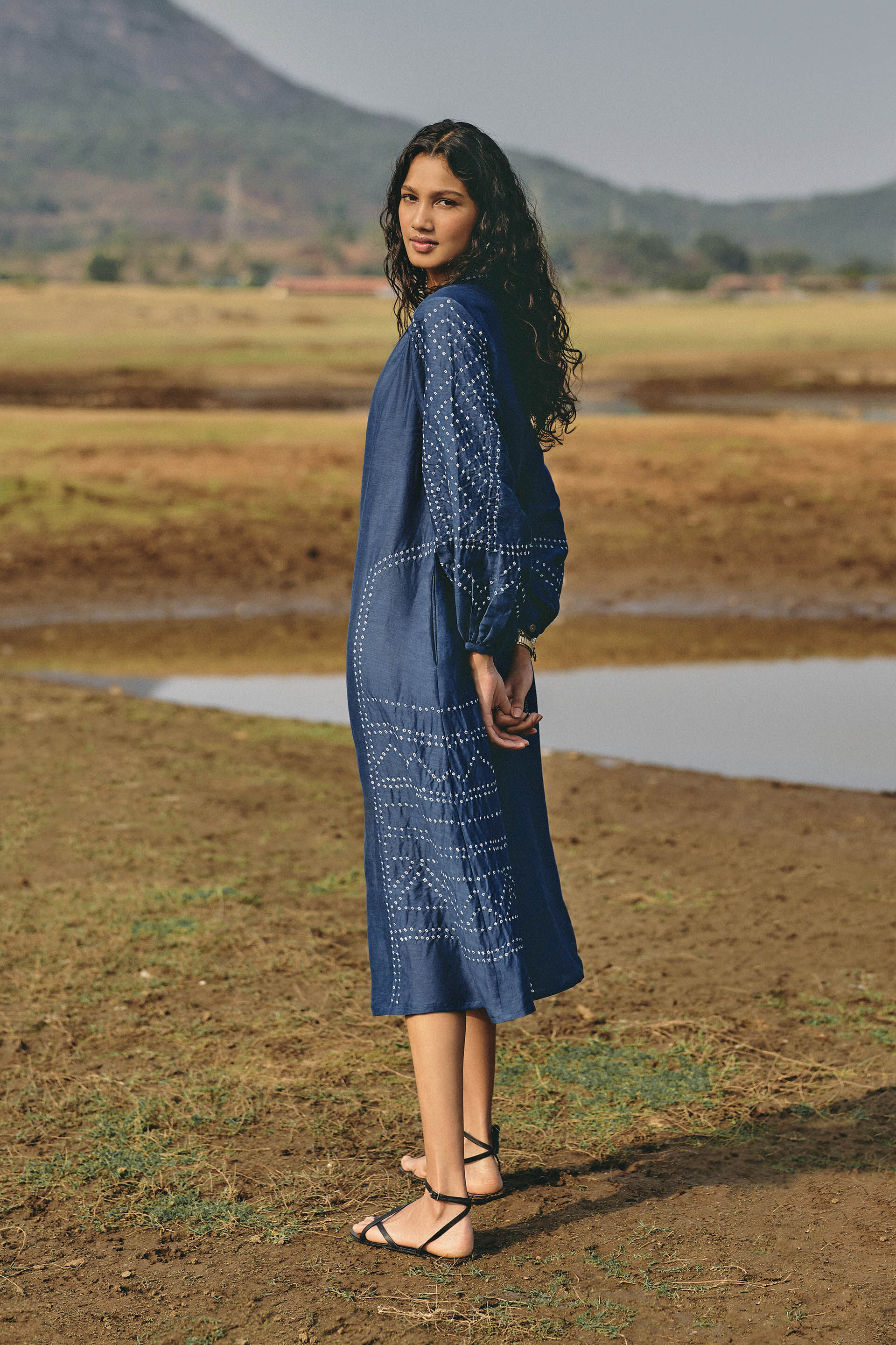 Windswept Handcrafted Bandhani Linen Dress Indigo