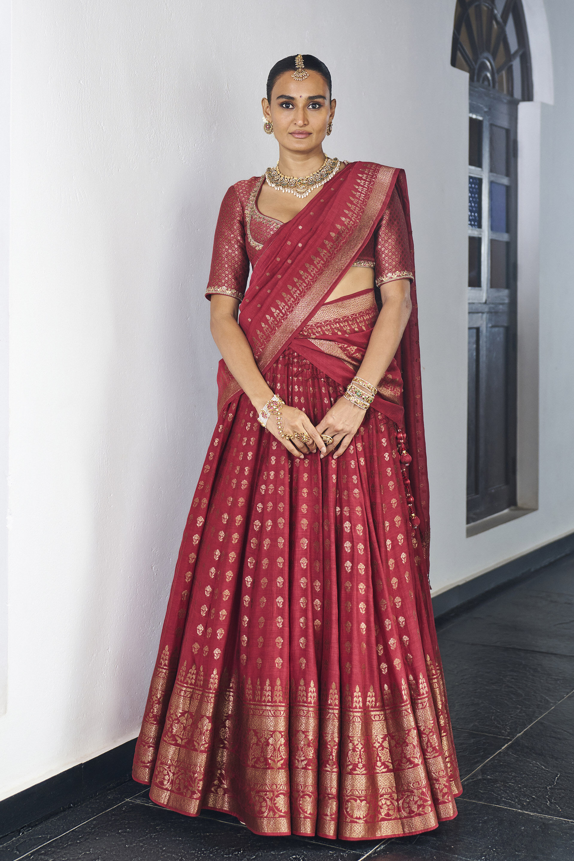 Maname Benarasi Mul Lehenga&nbsp;Set - Maroon, Maroon, image 1