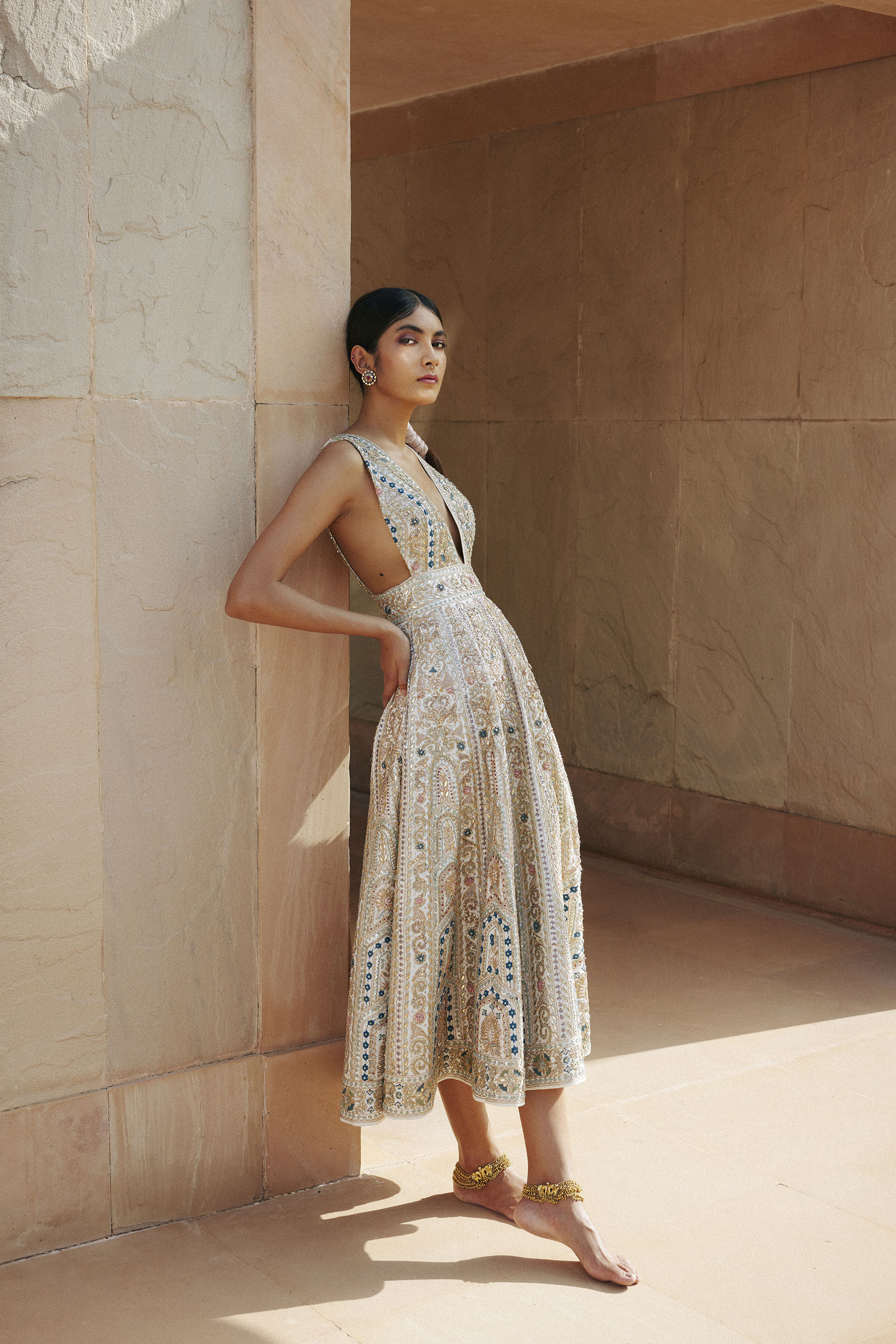 Mihika Zardozi Gota Patti Silk Dress Ivory