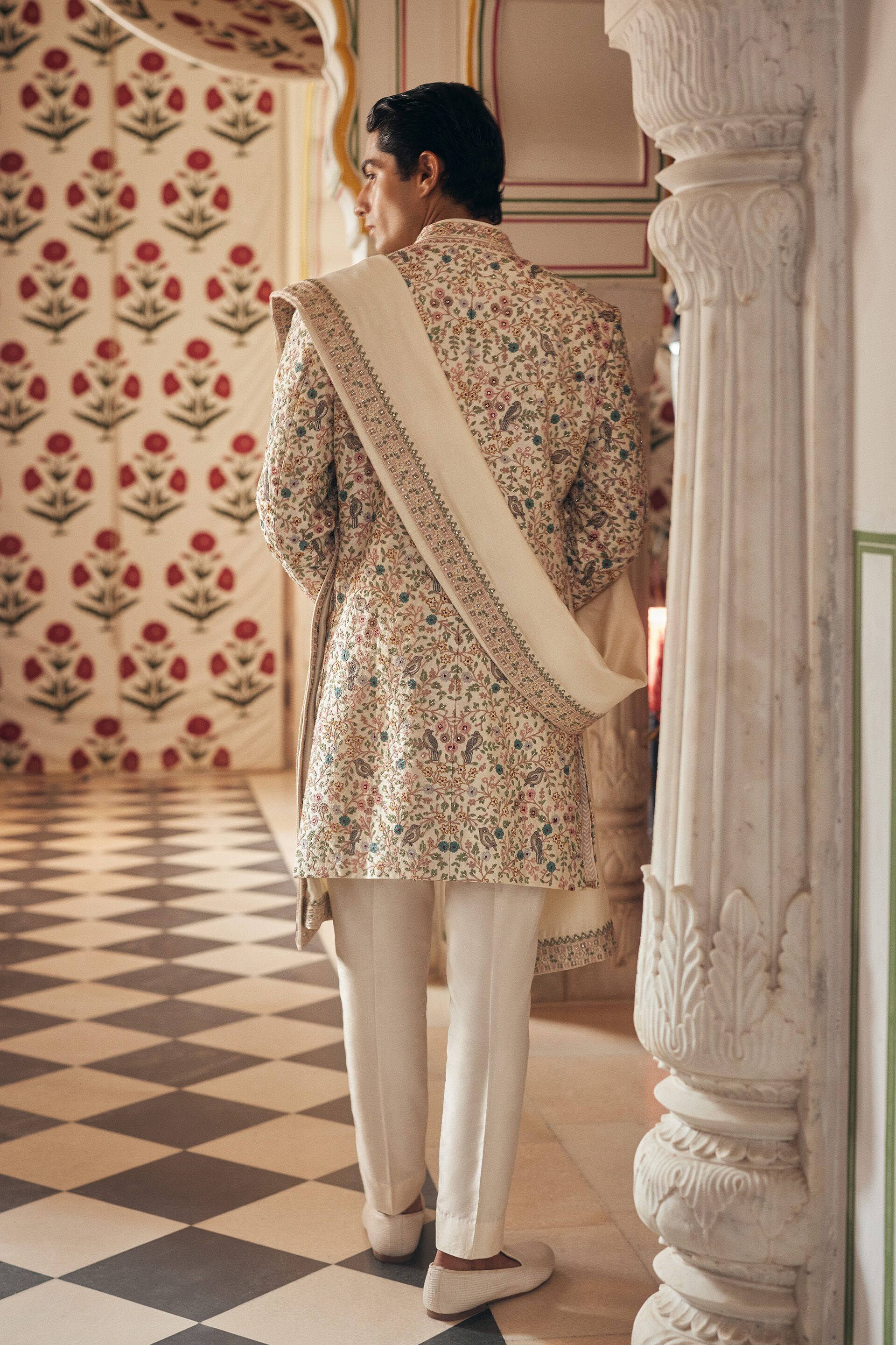 Avir Aari Embroidered Silk Sherwani - Cream