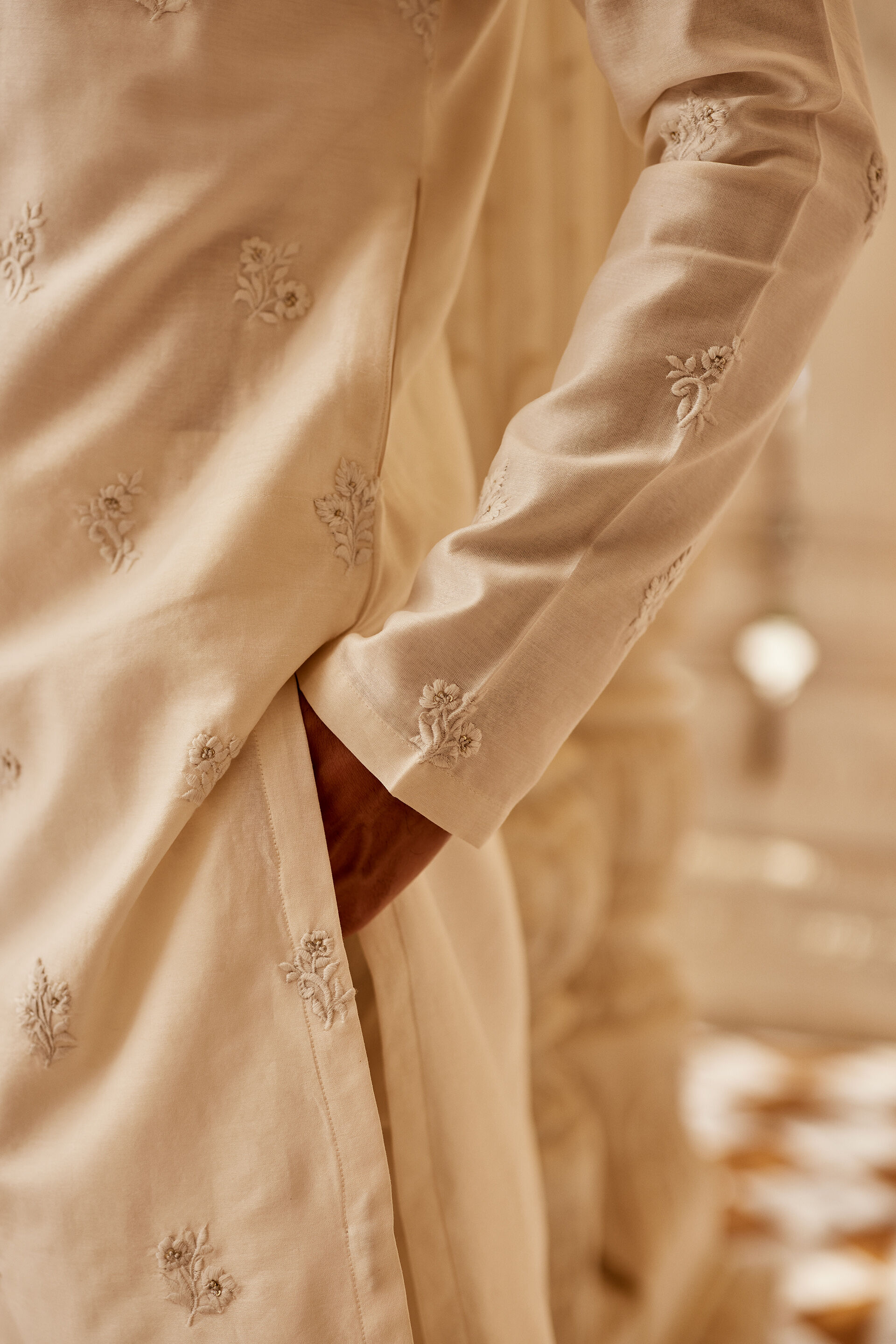 Ekaj Embroidered Silk Kurta - Ivory, Ivory, image 4