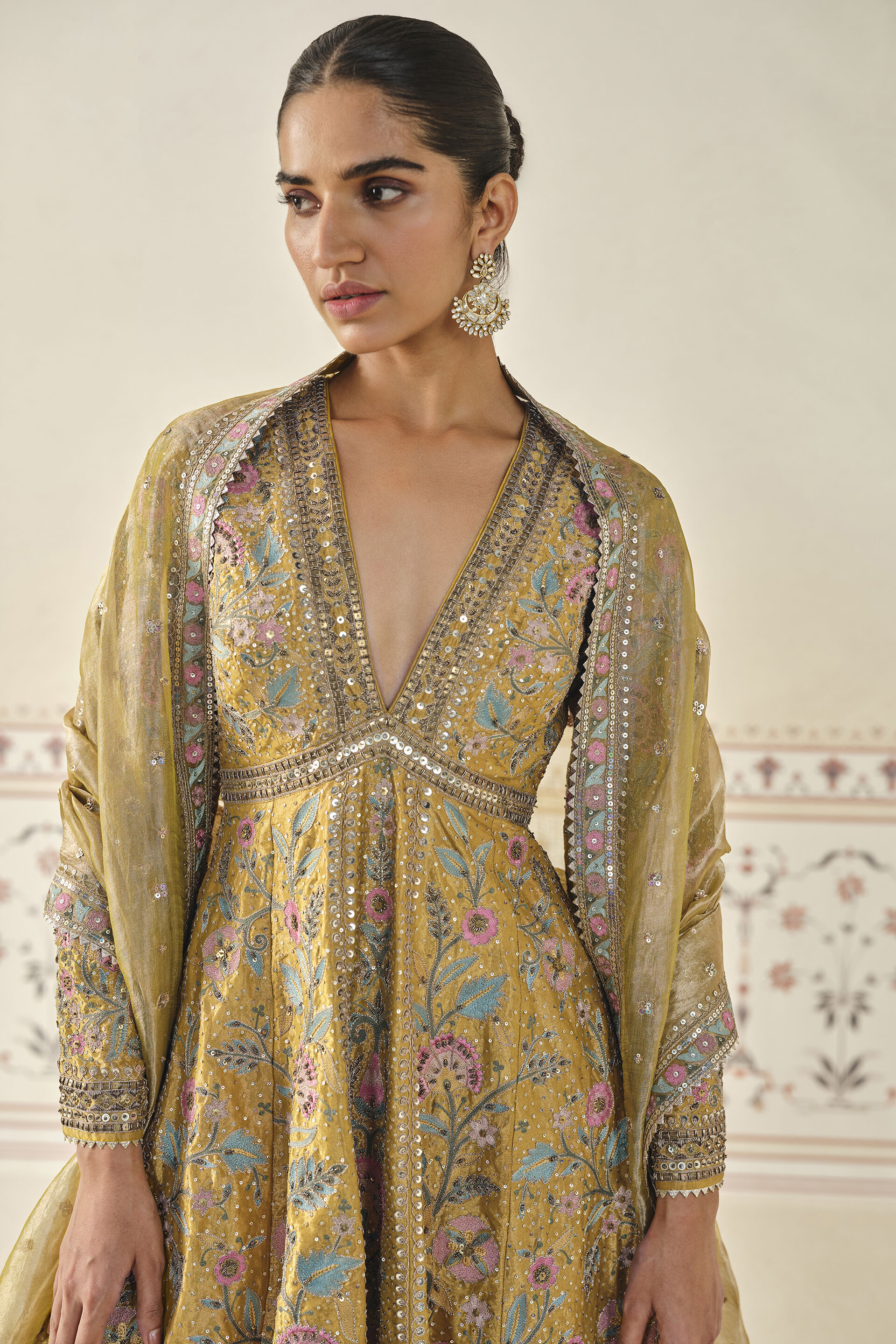 Sunburst Embroidered Zardozi Sharara Set - Yellow, Mustard, image 4