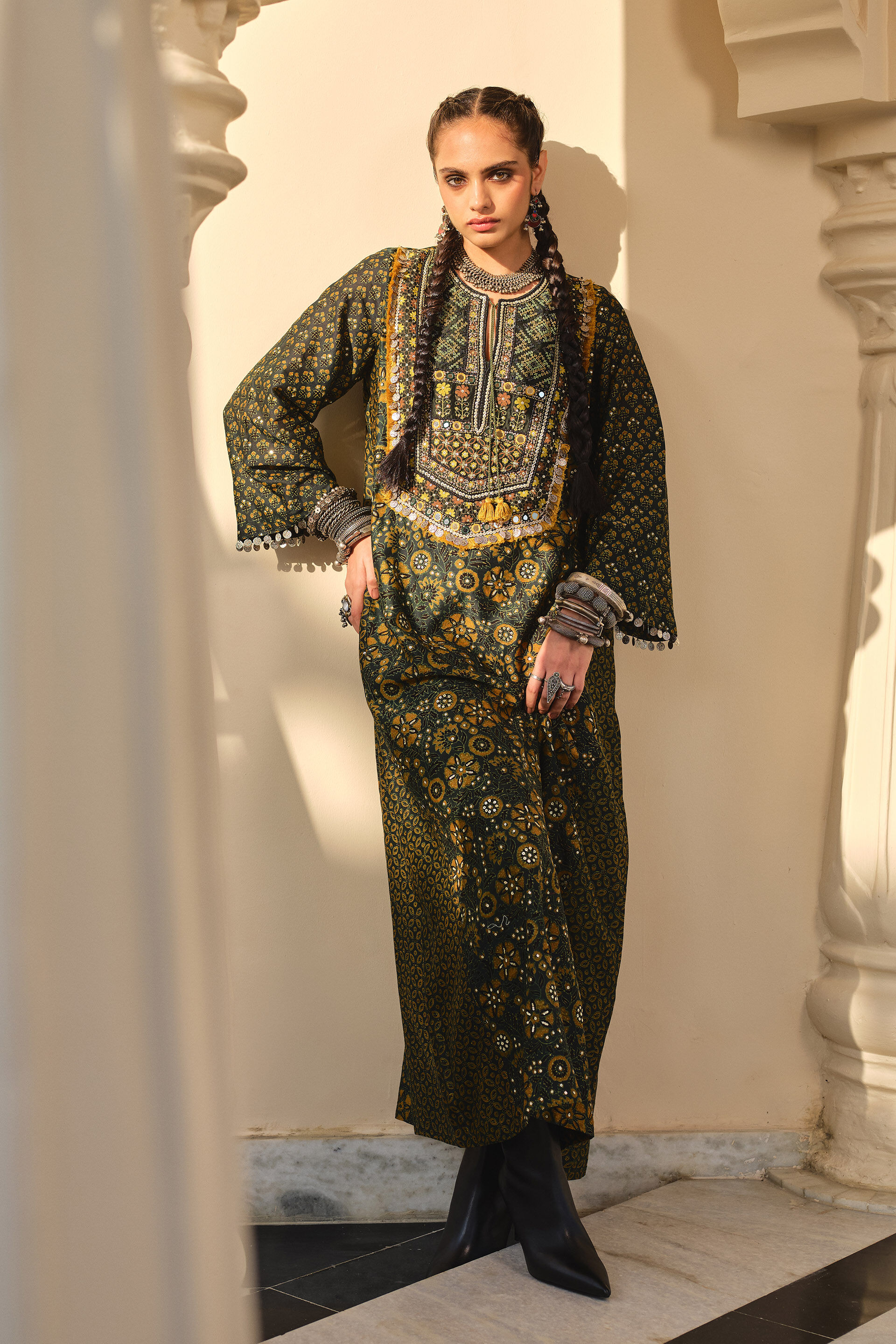Dreamer Green Mirror Embroidered Ajrakh Kaftan