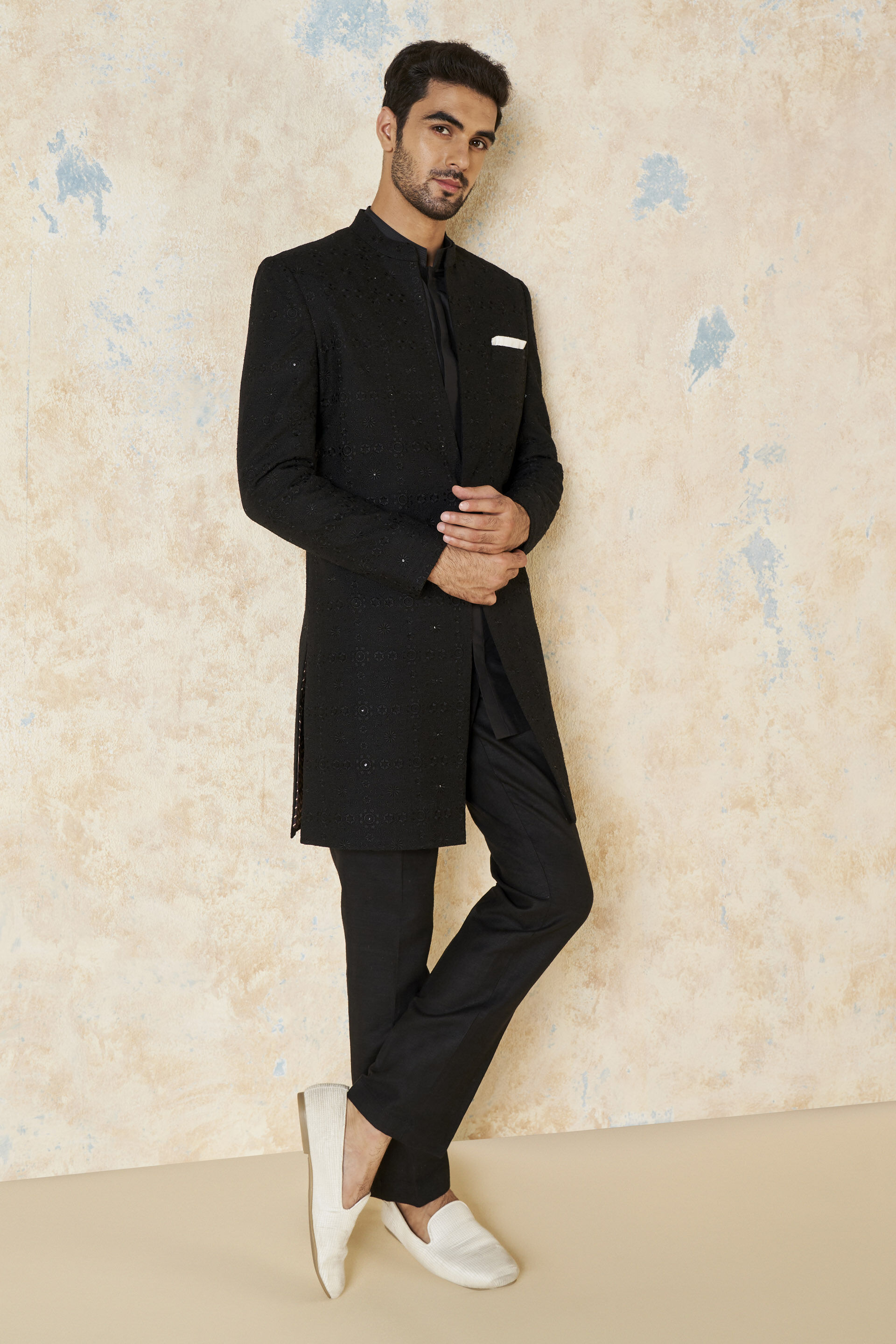 Yuven Silk Sherwani - Black, Black, image 3