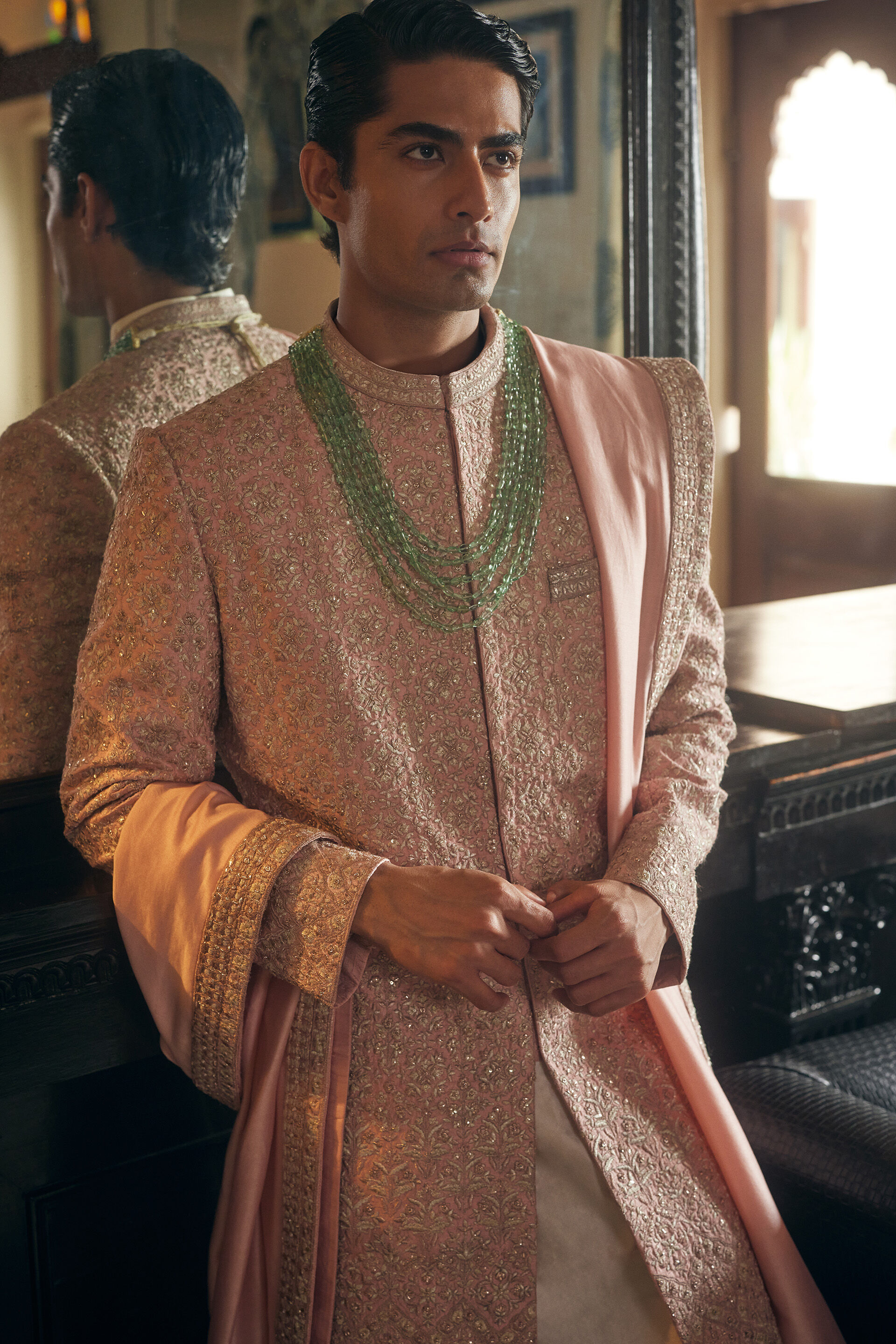 Numair Embroidered Silk Sherwani - Blush, Blush, image 3