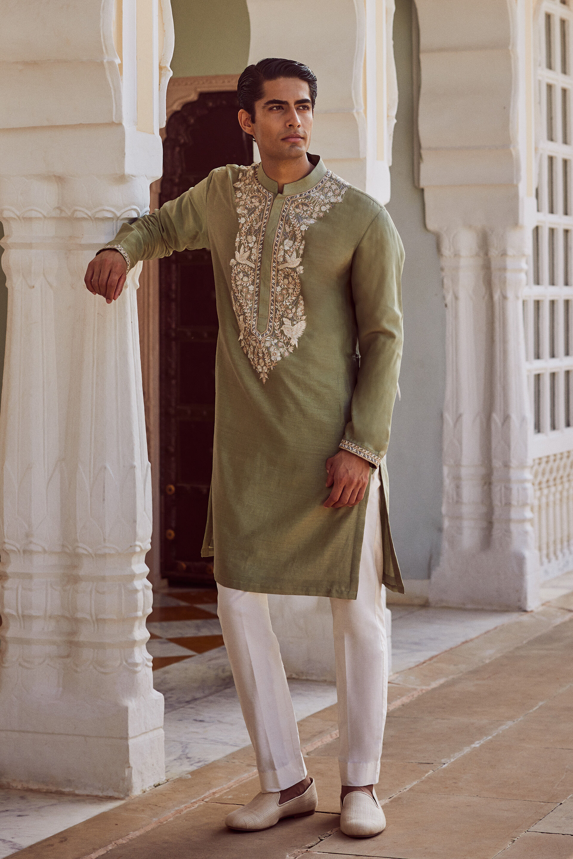 Suryan Embroidered Silk Kurta - Olive, Olive, image 1