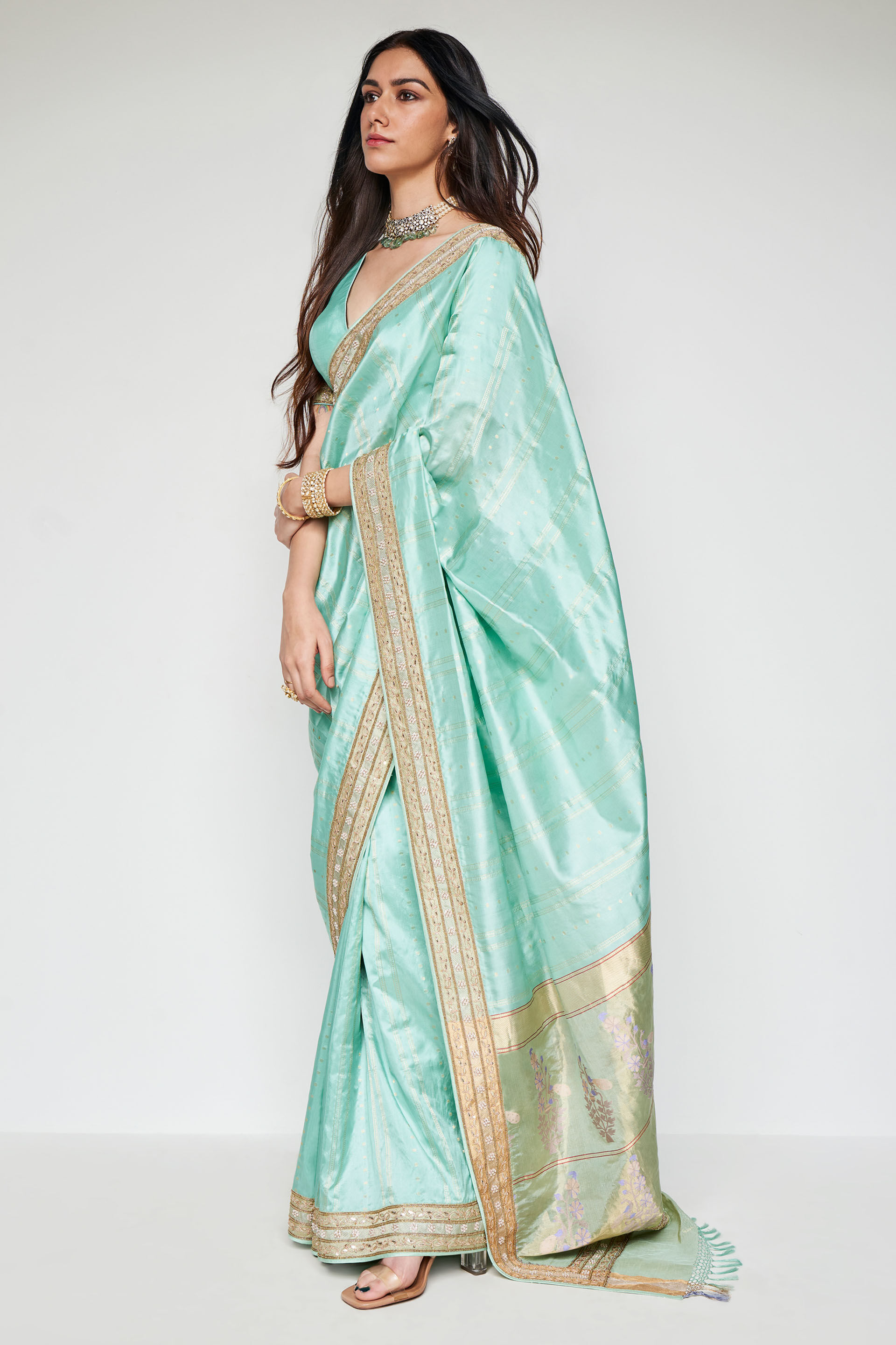 Mithila Benarasi Silk Embroidered Saree - Powder Blue, Powder Blue, image 2