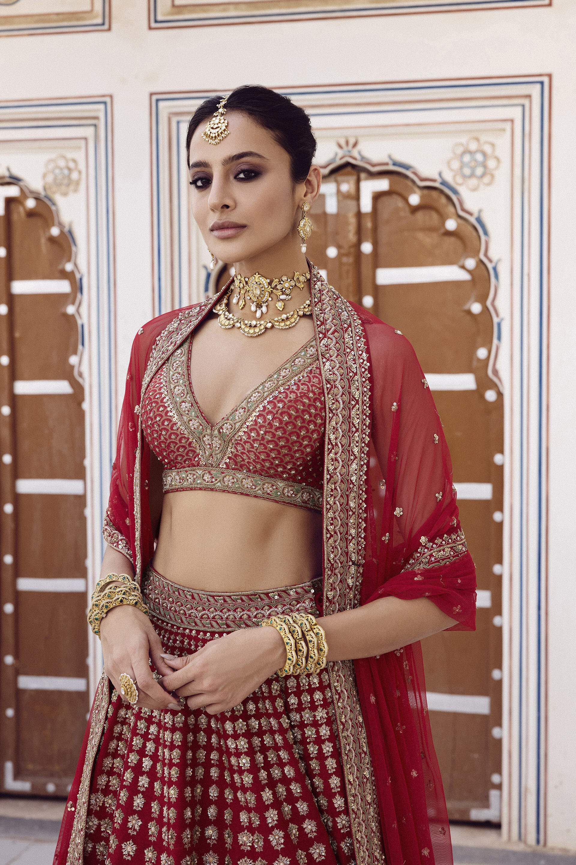 Zamira Embroidered Silk Lehenga Set - Red, Red, image 8