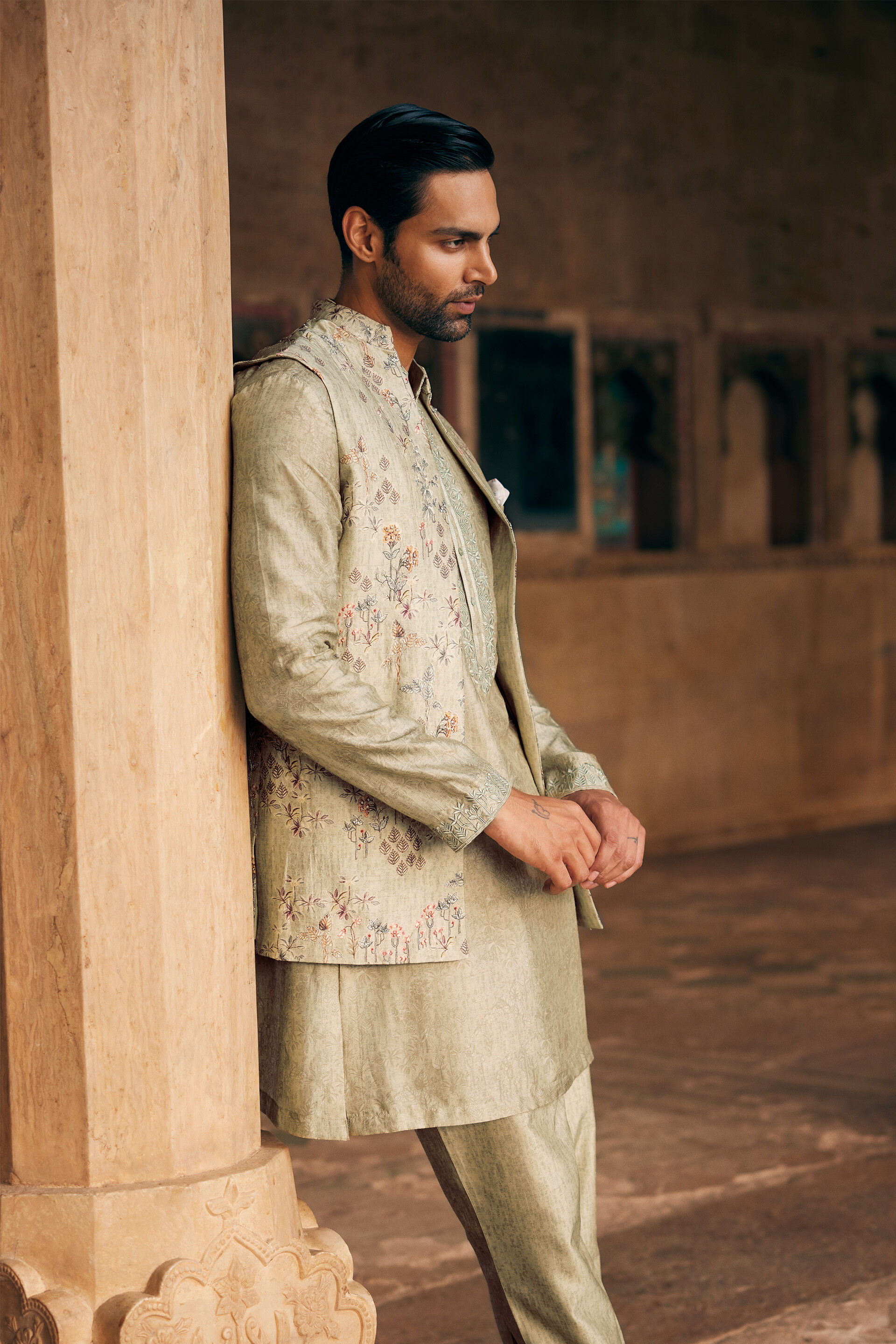 Hemil Printed Silk Nehru Jacket - Sage, Sage, image 4