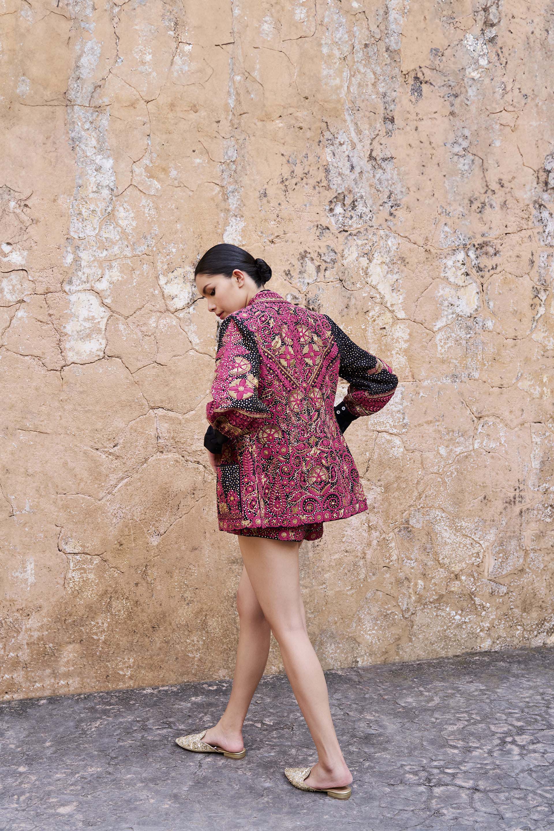 Nocturnal Wilderness Zardozi & Embroidered Cord Silk Jacket Set - Black, Black, image 2