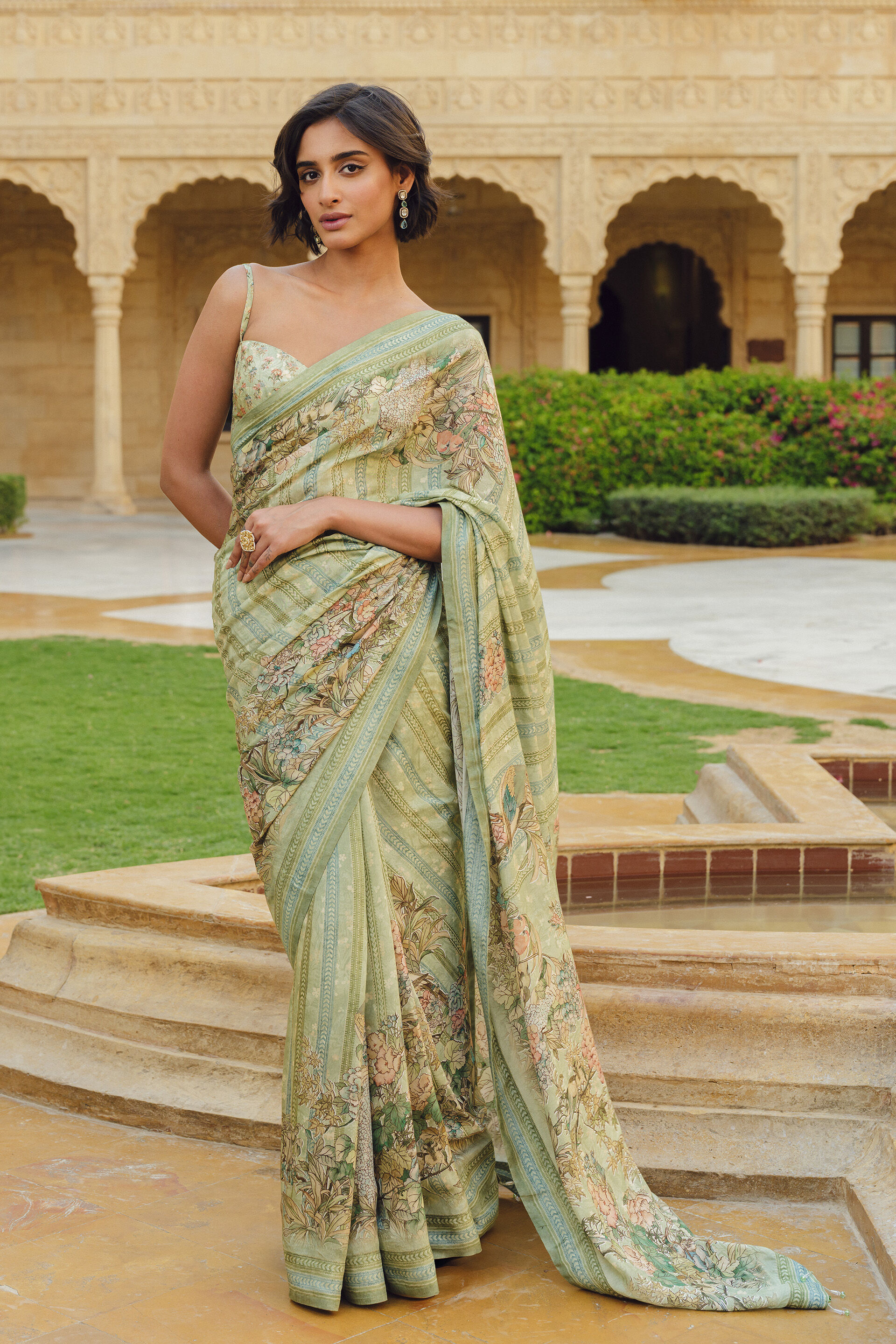 Avonlea Printed Saree - Sage, Sage, image 1