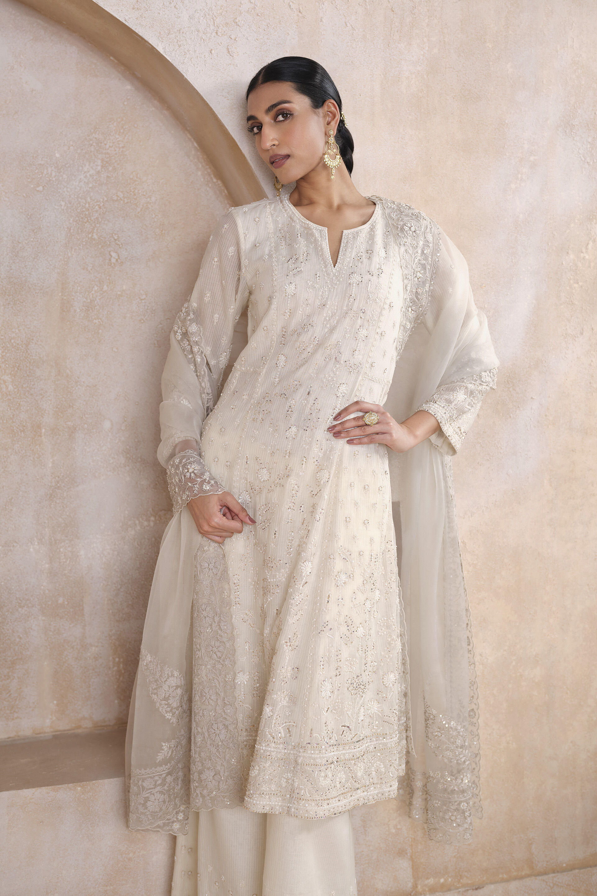 Zuhra Embroidered Suit Set - Ivory, Ivory, image 4