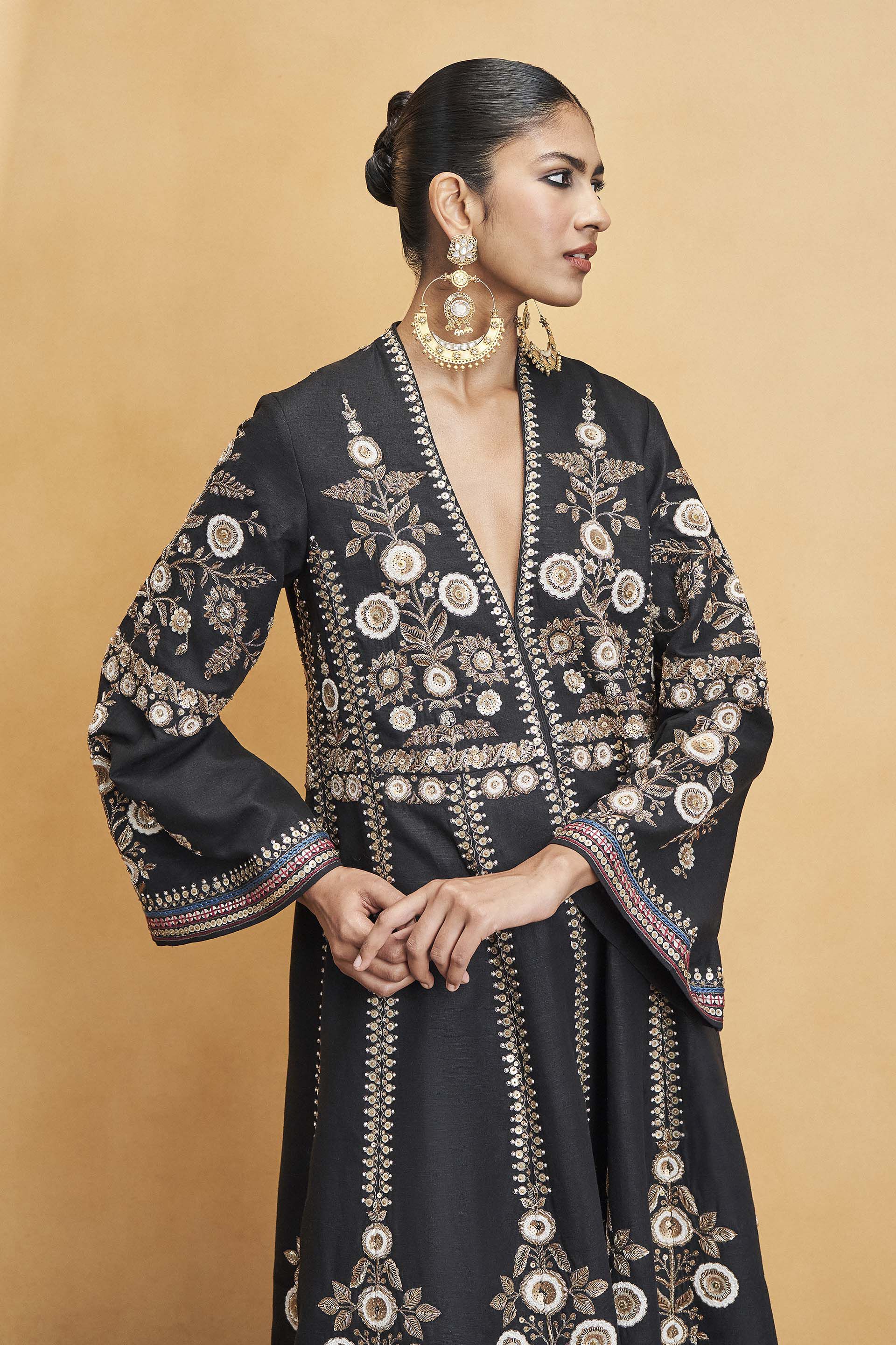 Flowers Of The Forest Embroidered Zardozi Silk Kurta Set - Black, Black, image 5