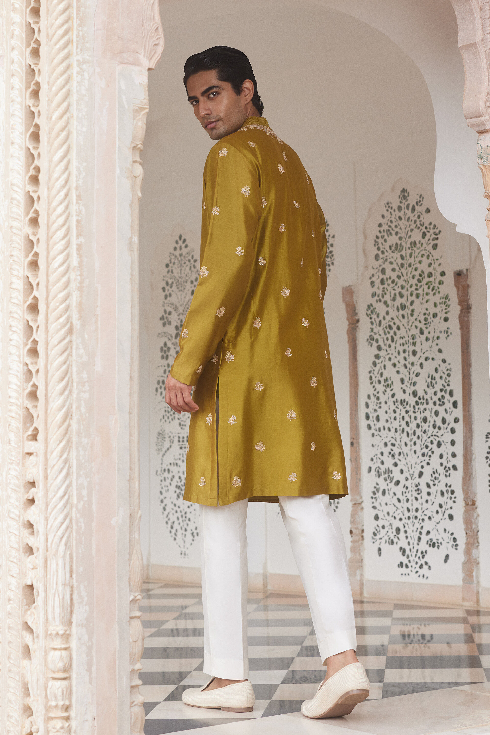 Jagan Embroidered Silk Kurta  - Lime