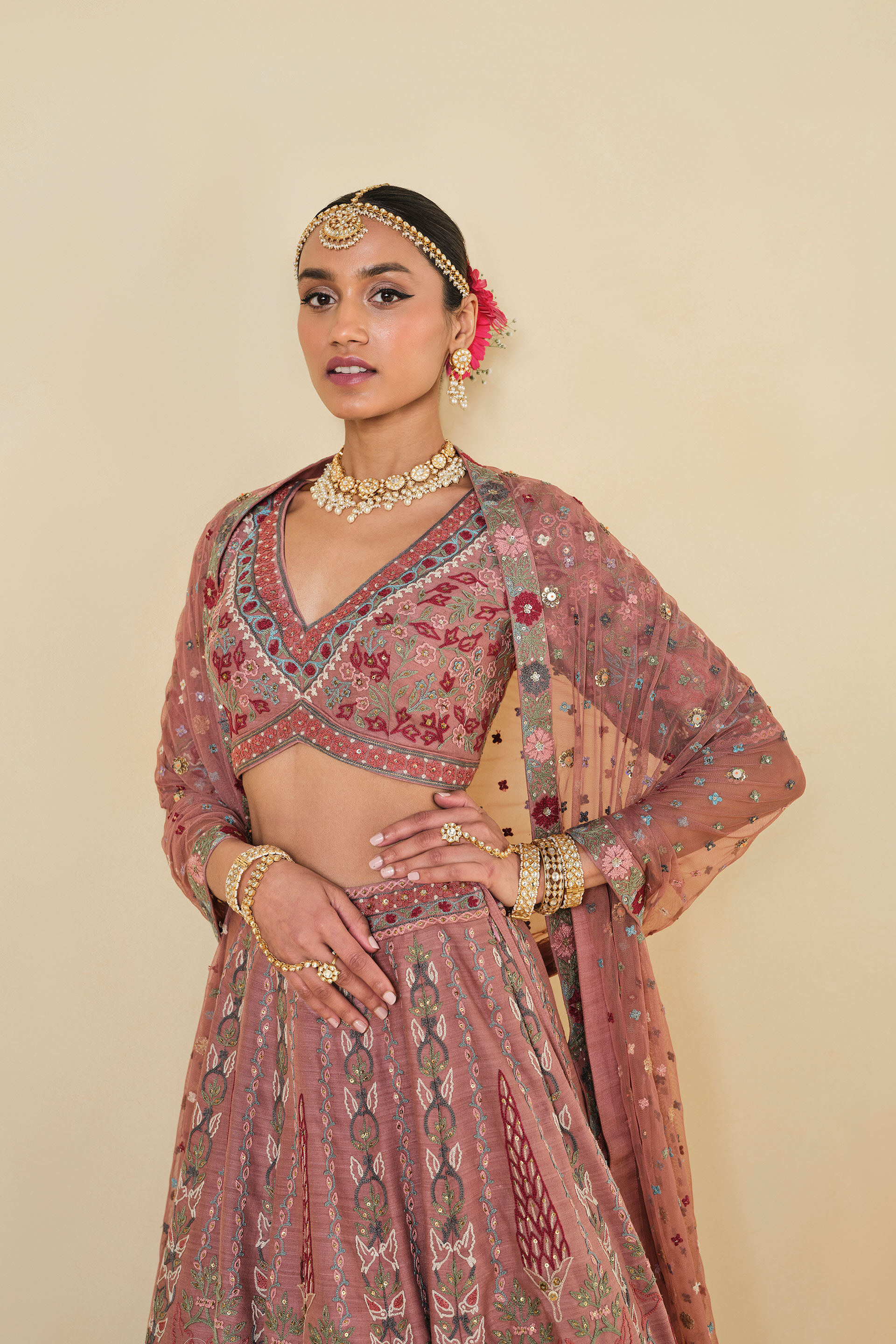 Alakana SEWA Hand-embroidered Silk Lehenga Set - Old Rose, Old Rose, image 5