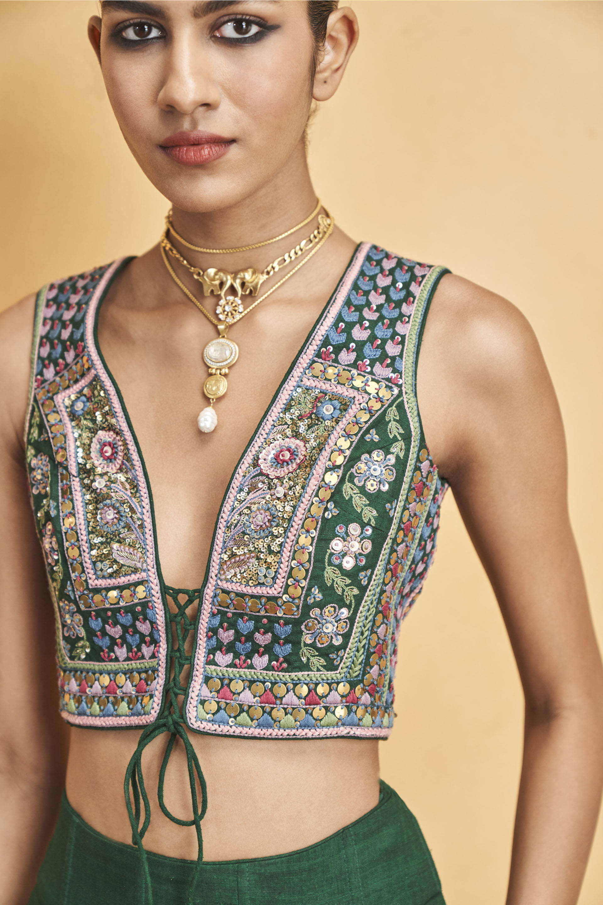 Evergreen Paradise Embroidered Zardozi Silk Skirt Set - Green, Green, image 4