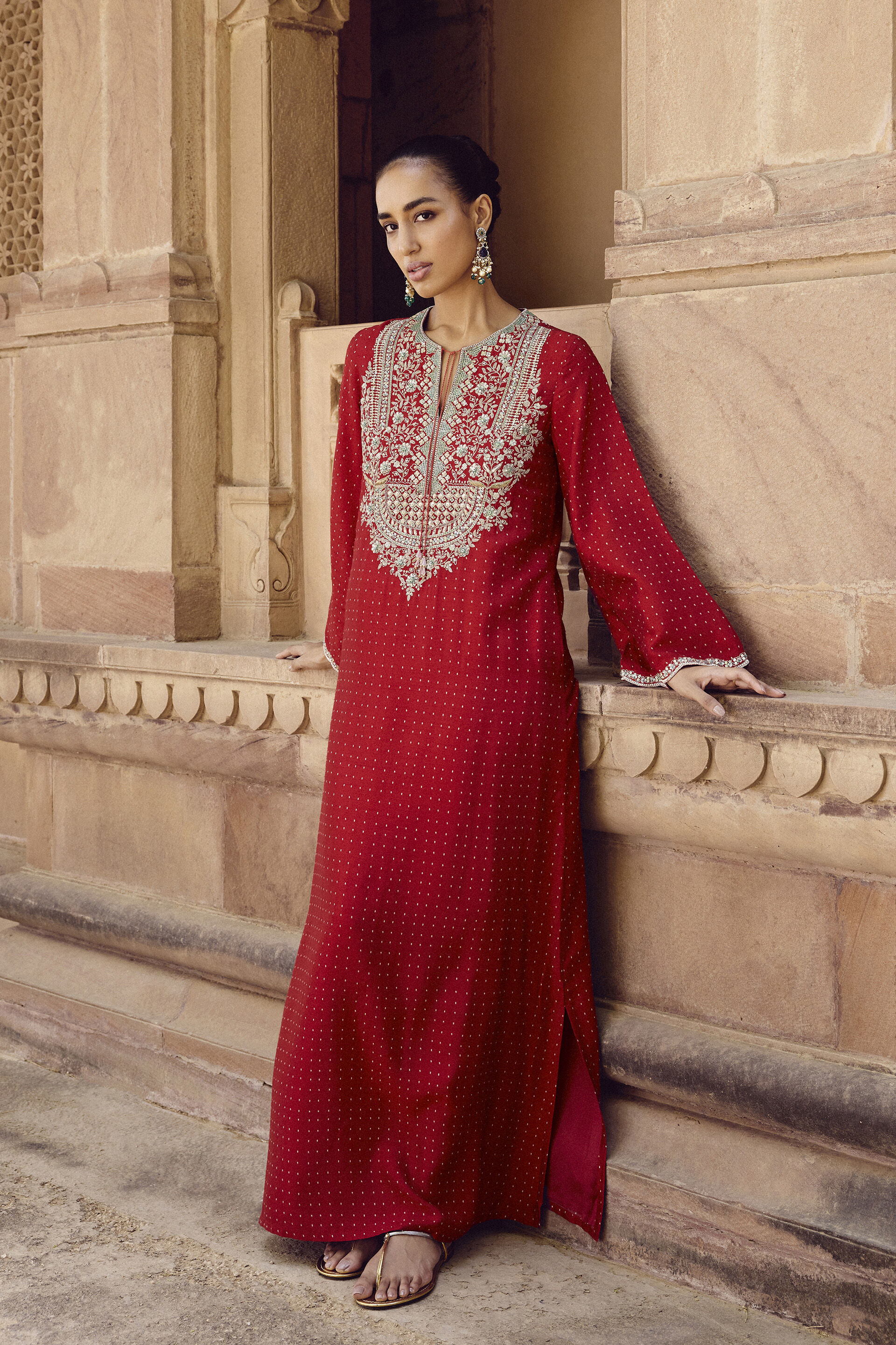 Sindhura Embroidered Silk Kaftan - Red