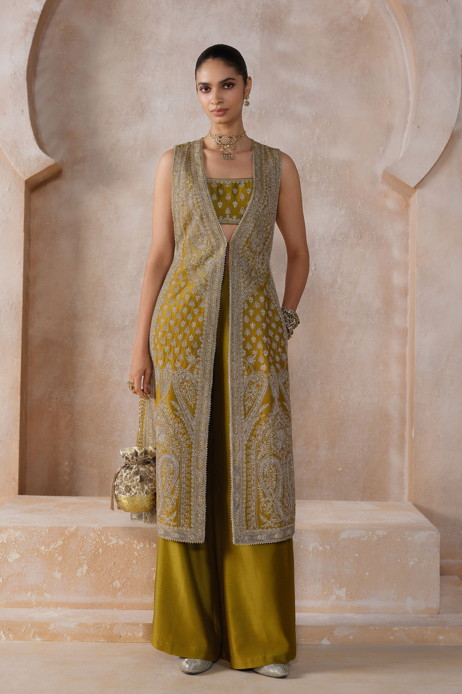 Saagnika Embroidered Silk Tabard Set - Olive