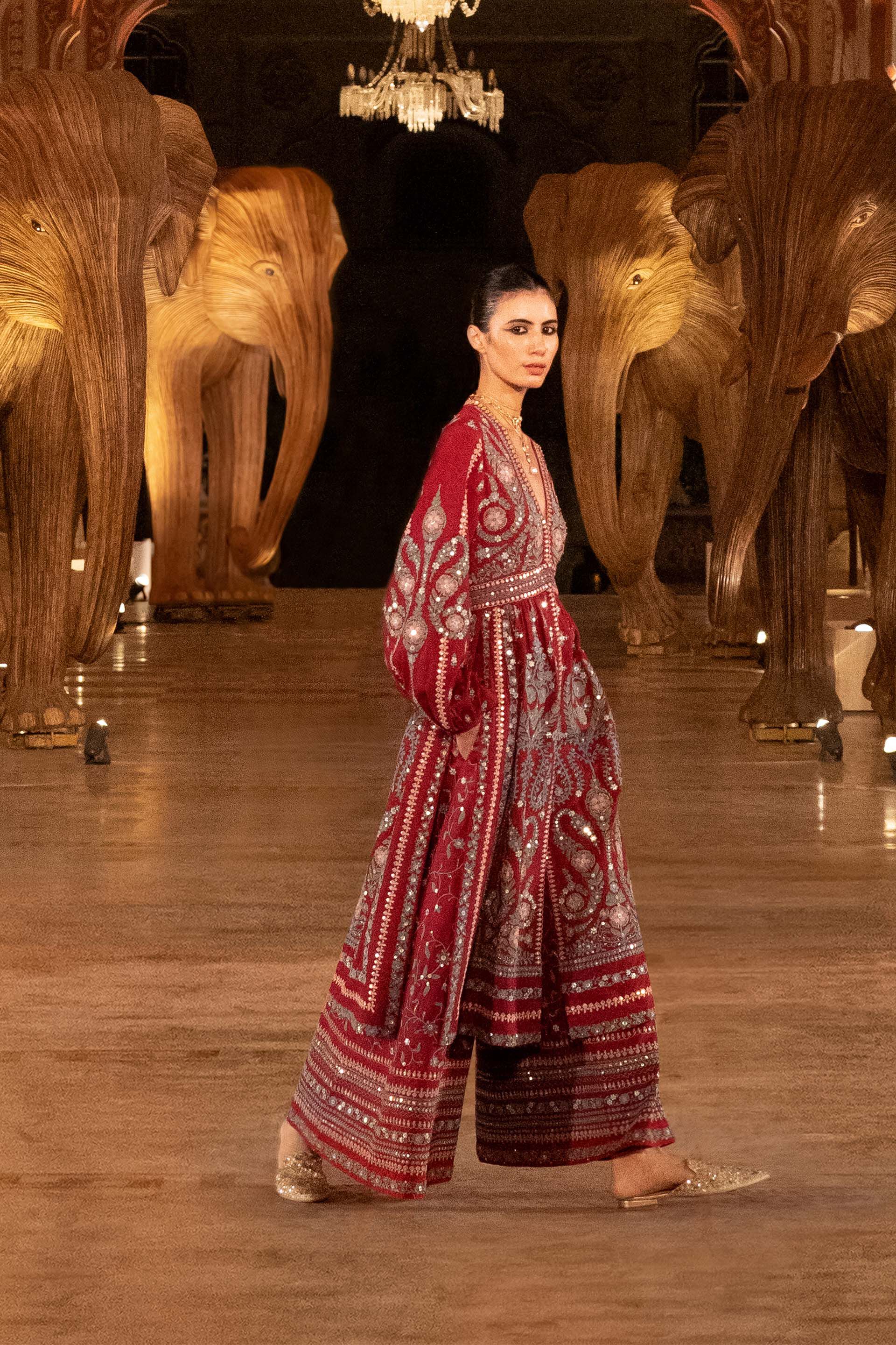 Into The Wilderness Zardozi & Cord Silk Kurta Set - Wine, Wine, image 7