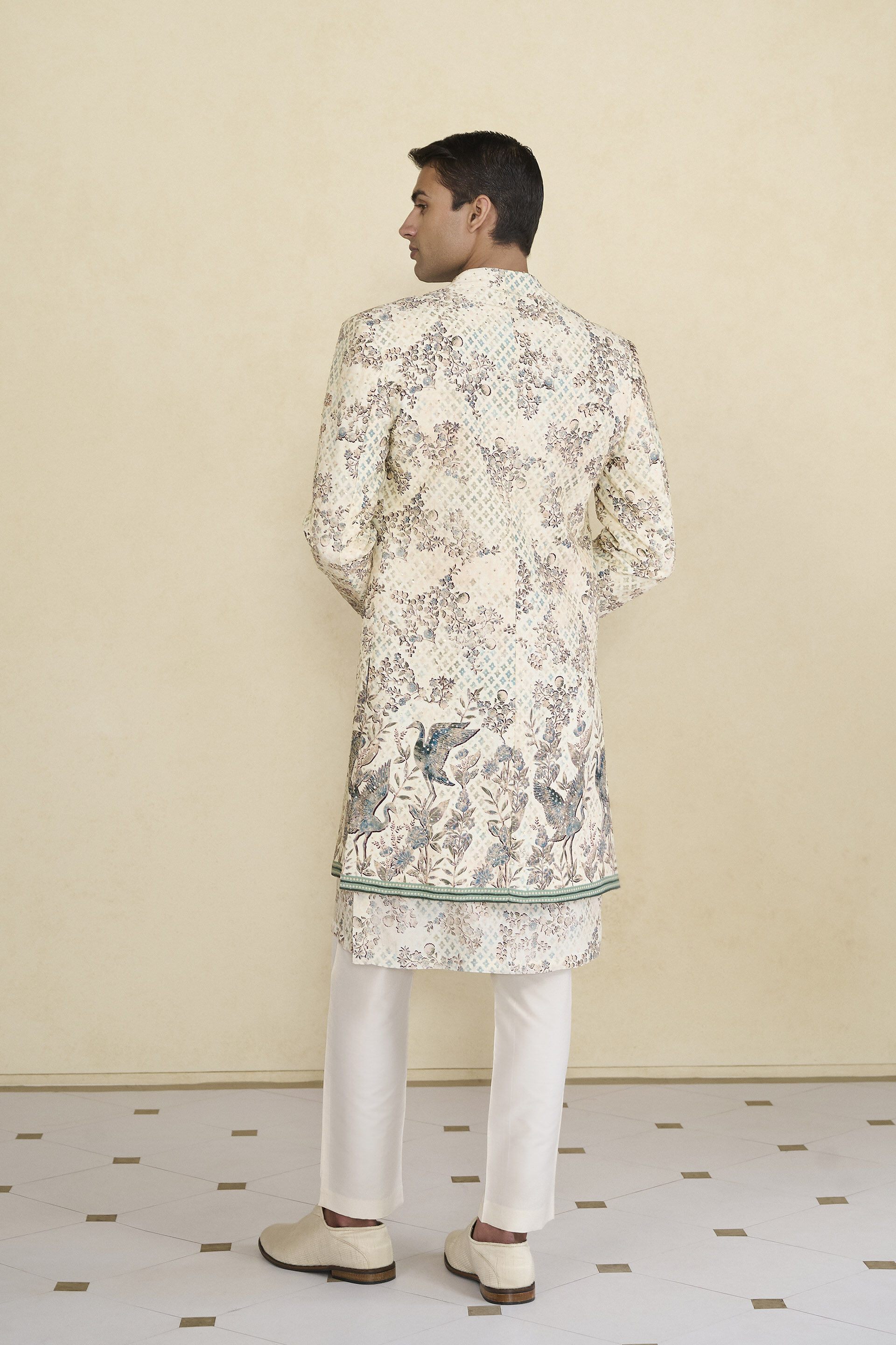 Rukham Printed Silk Sherwani - Ivory, Ivory, image 5