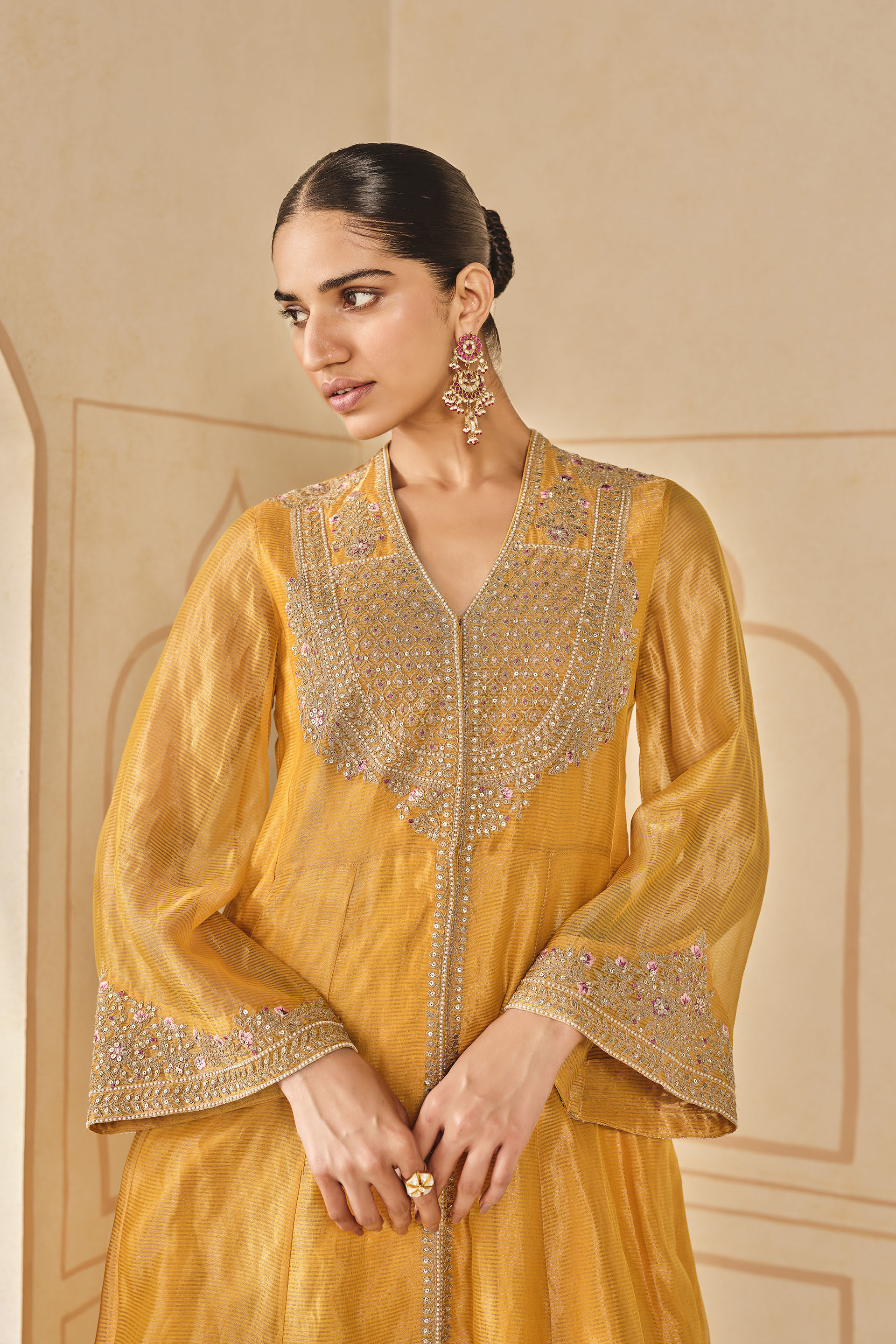 Buy Designer Azha Embroidered Zardozi Silk Jacket Set Yellow Online