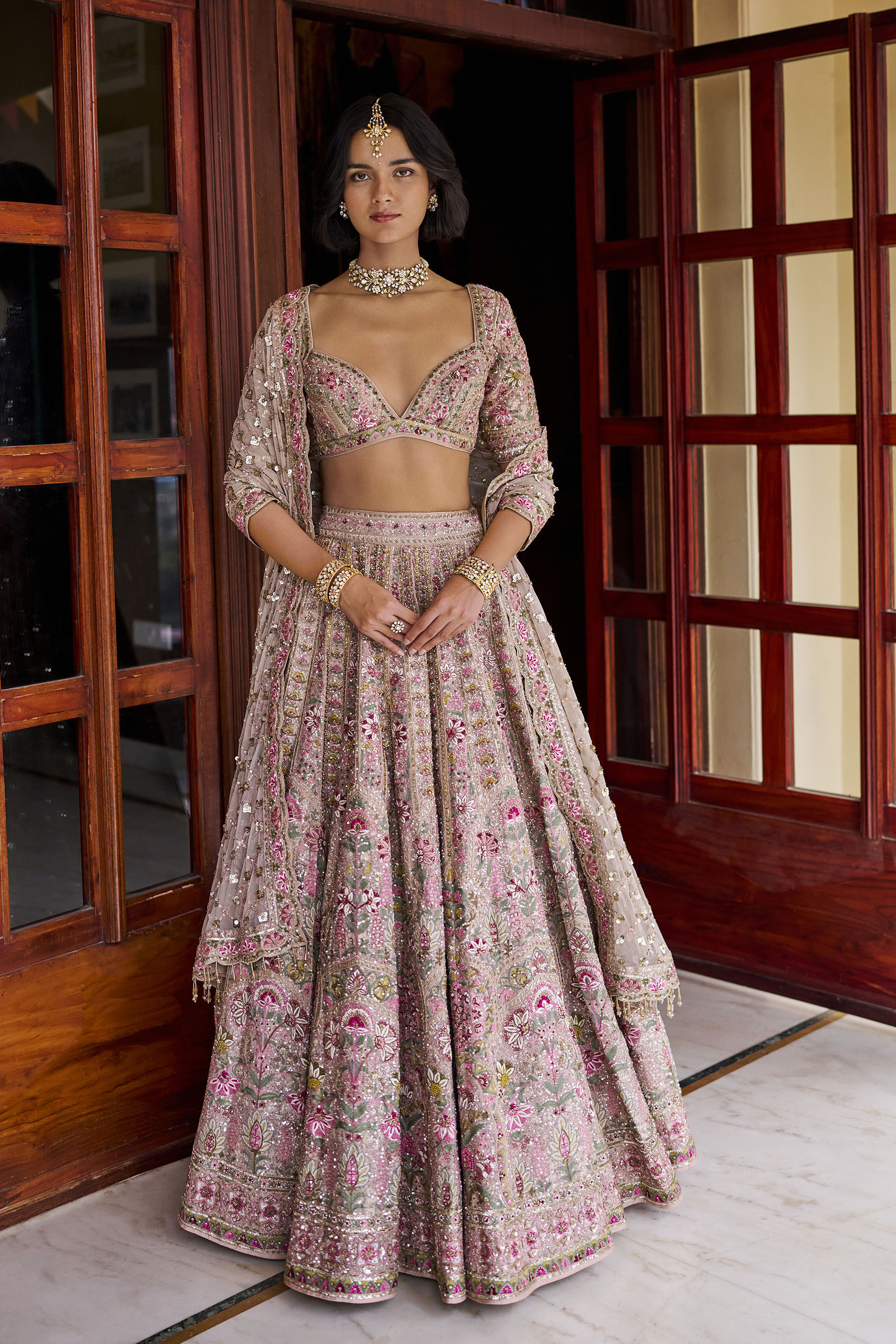 Joy Embroidered Zardozi Silk Lehenga Set - ​Champagne