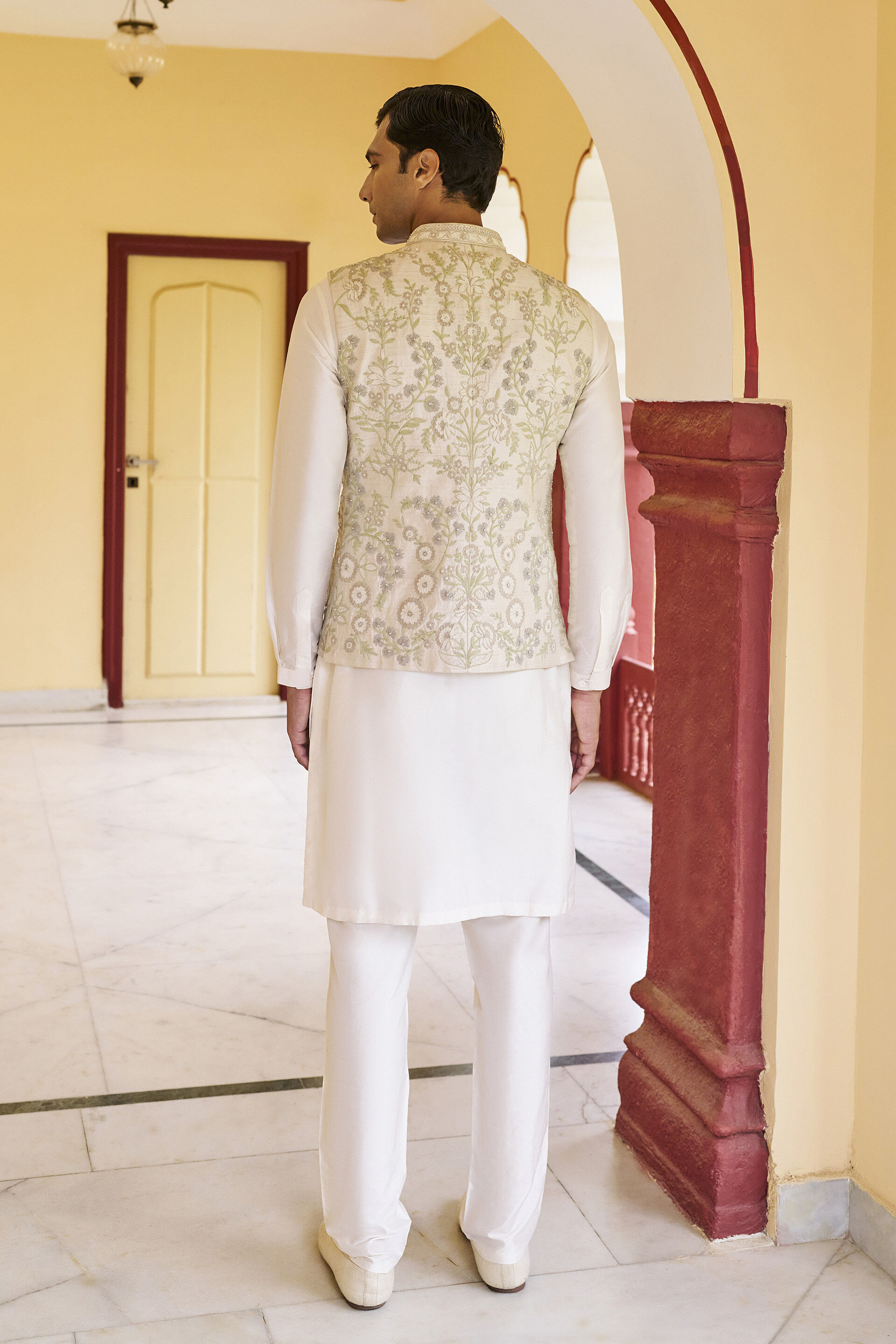 Warmth Embroidered Cord Silk Nehru Jacket - Ivory, Ivory, image 2
