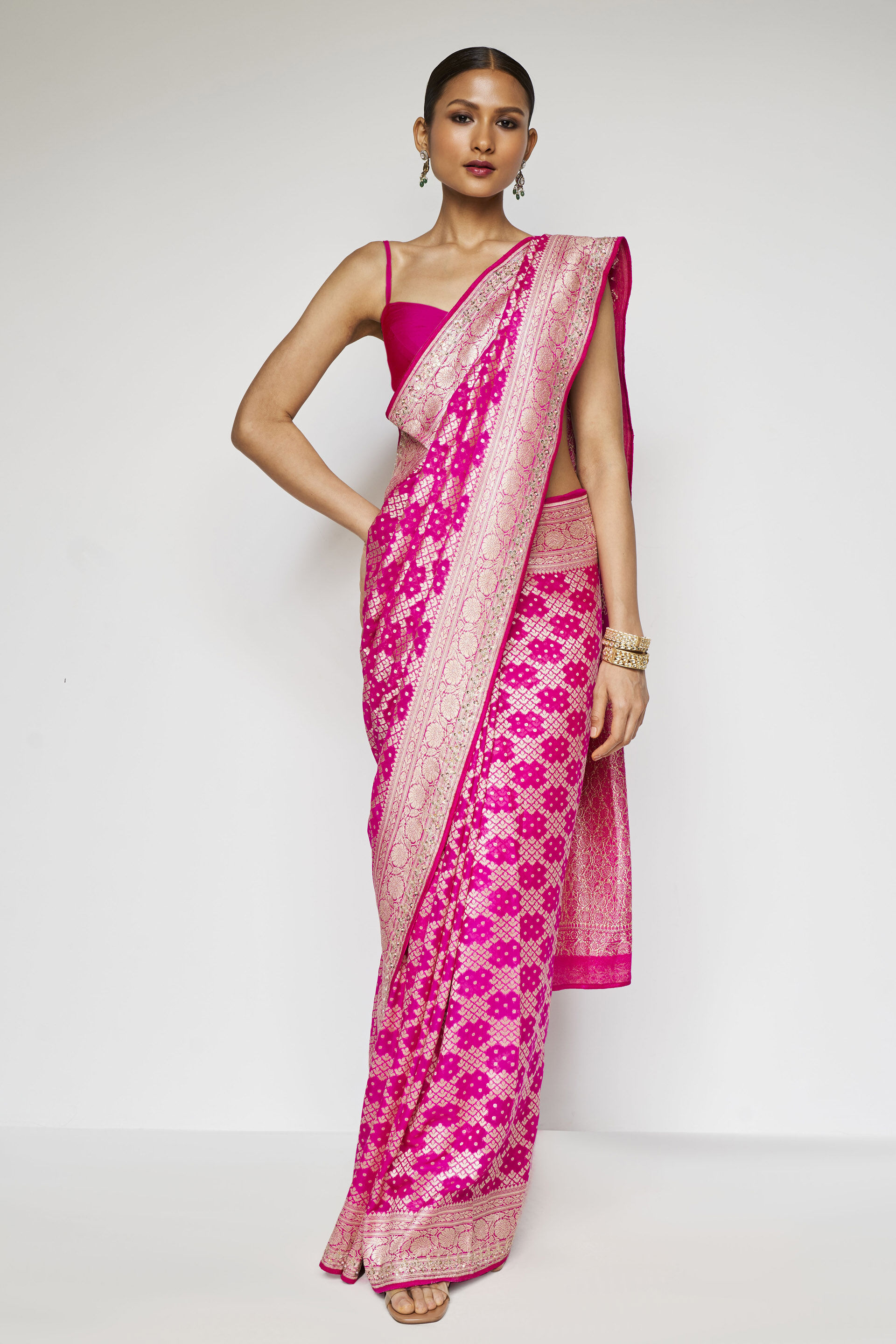 Gul Handwoven Benarasi Gota Patti Silk Saree, Pink, image 1