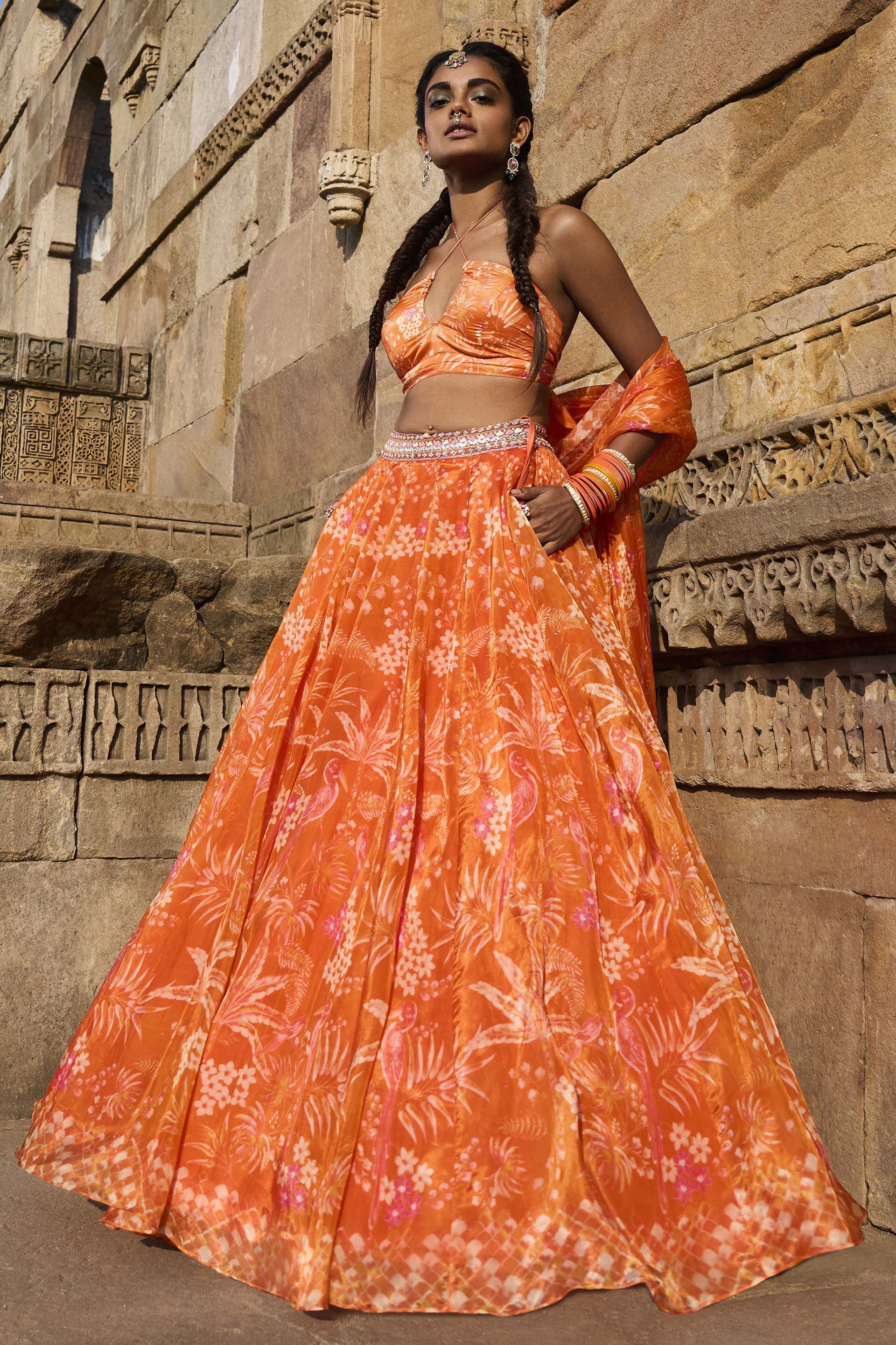 Buy Magic Magpies Lehenga Set Orange Online from Anita Dongre